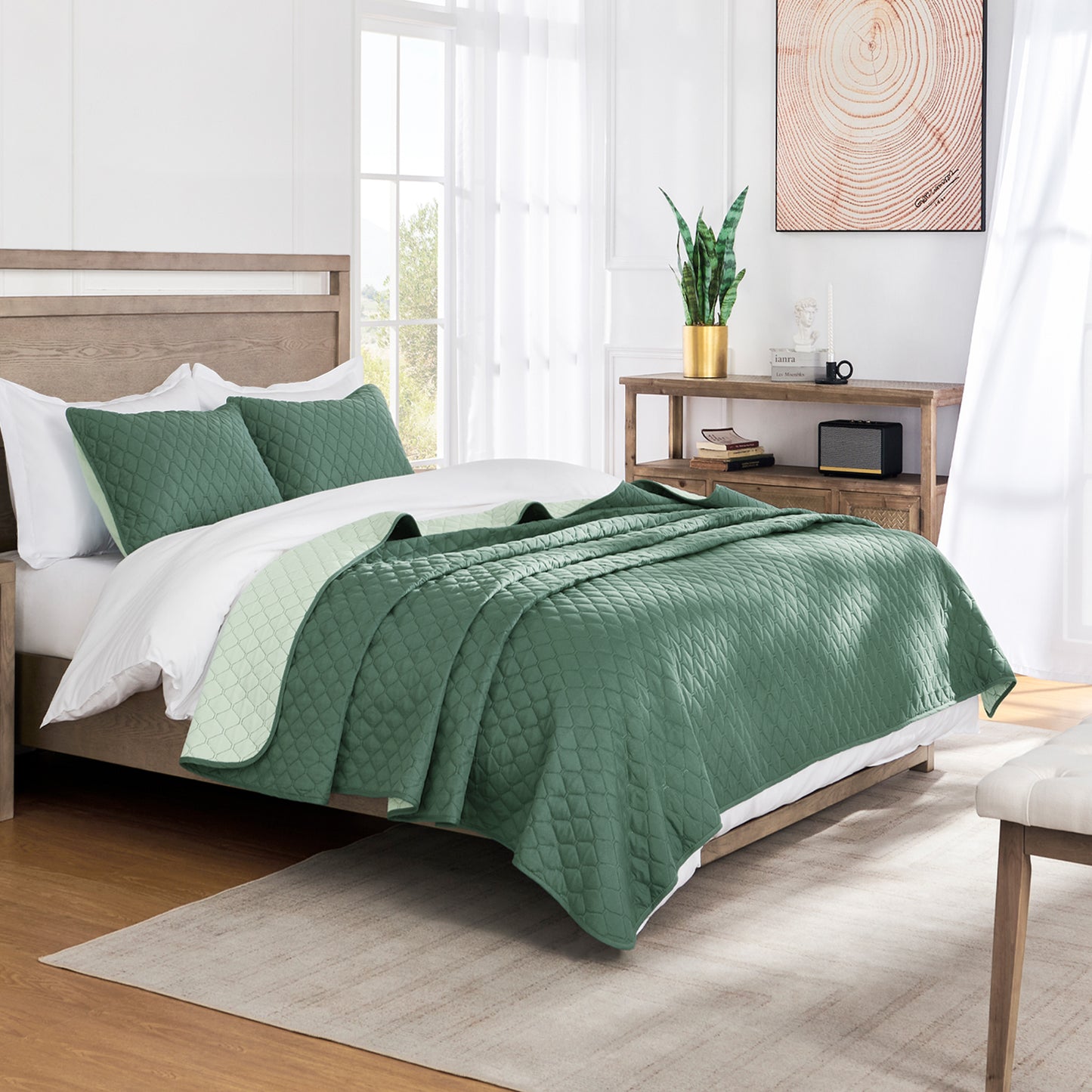 Exclusivo Mezcla Ultrasonic Full Queen Quilt Bedding Set with Pillow Shams, Lightweight Quilts Queen Size, Soft Bedspreads Bed Coverlets for All Seasons - (Dark Green, 90"x96")