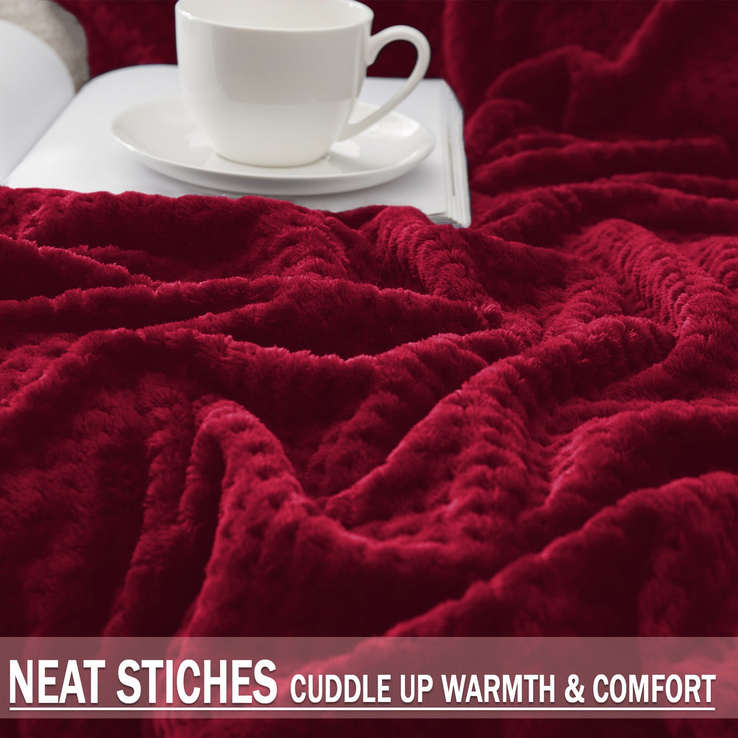 Exclusivo Mezcla Waffle Textured Soft Fleece Blanket, King Size Bed Blanket, Cozy Warm and Lightweight (Deep Red, 90x104 inches)