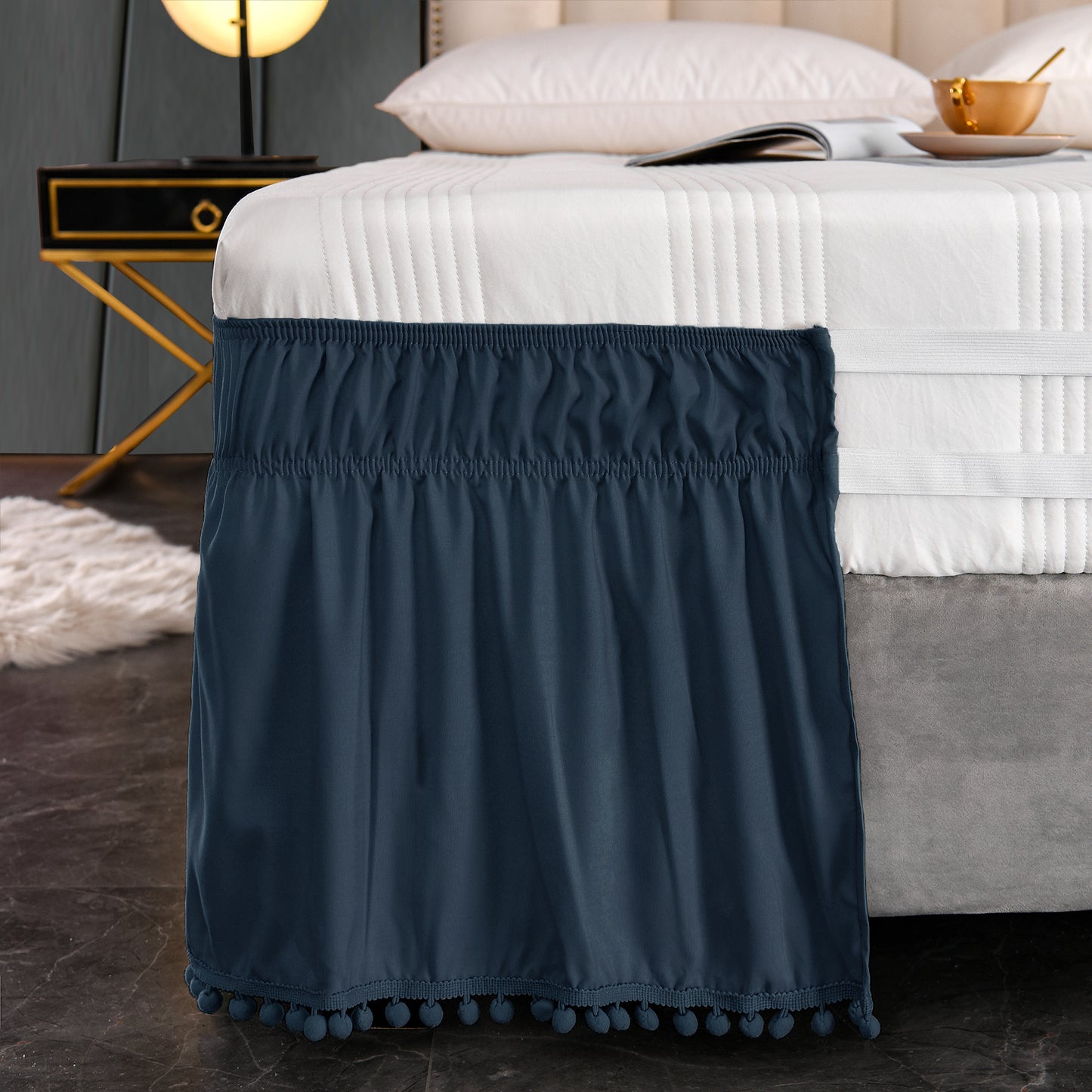 Exclusivo Mezcla Pom Pom Bed Skirt with Adjustable Elastic Belt, Easy Wrap Around Dust Ruffles with 16 Inch Tailored Drop, Wrinkle and Fade Resistant, (Full, Navy)