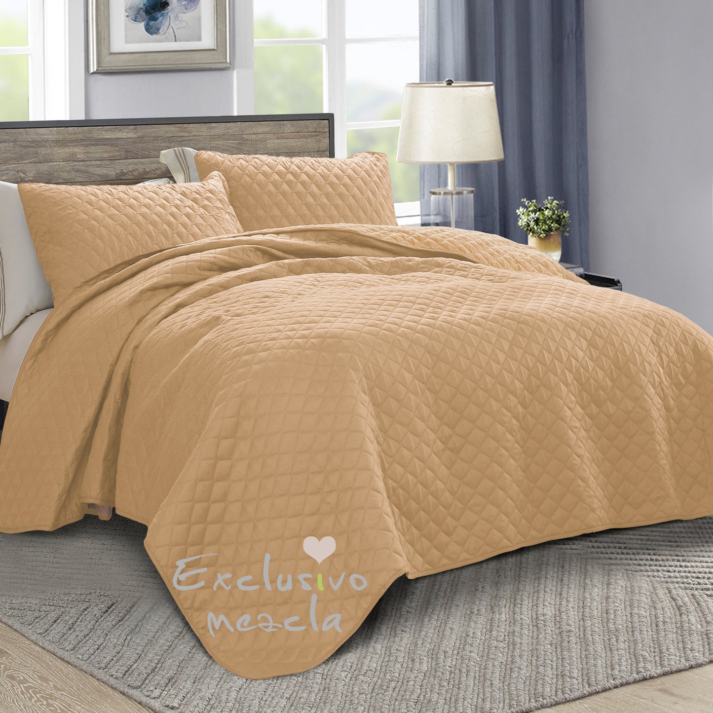 Exclusivo Mezcla Ultrasonic Reversible Full Queen Quilt Bedding Set with Pillow Shams, Lightweight Quilts Queen Size, Soft Bedspreads Bed Coverlets for All Seasons - (Camel, 90"x96")