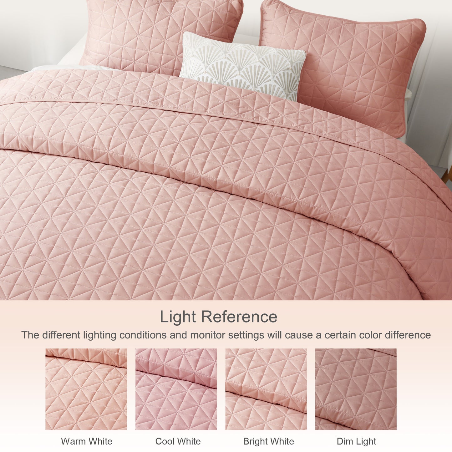 Exclusivo Mezcla King Size Quilt Bedding Set for All Seasons, Lightweight Soft Pink Quilts King Size Bedspreads Coverlets Bed Cover with Geometric Stitched Pattern, (1 Quilt, 2 Pillow Shams)
