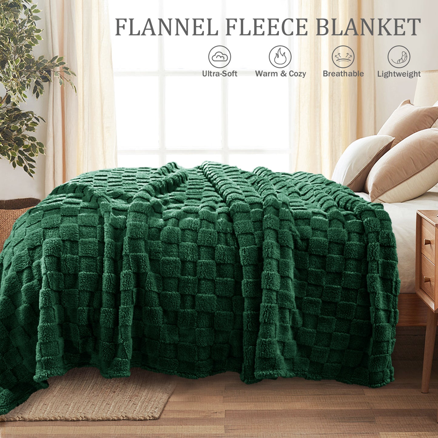 Exclusivo Mezcla Queen Size Flannel Fleece Blanket, Super Soft 3D Checkered Jacquard Bed Blanket, Cozy Fluffy Lightweight Blanket for All Seasons, 90x90 Inches, Forest Green Blanket