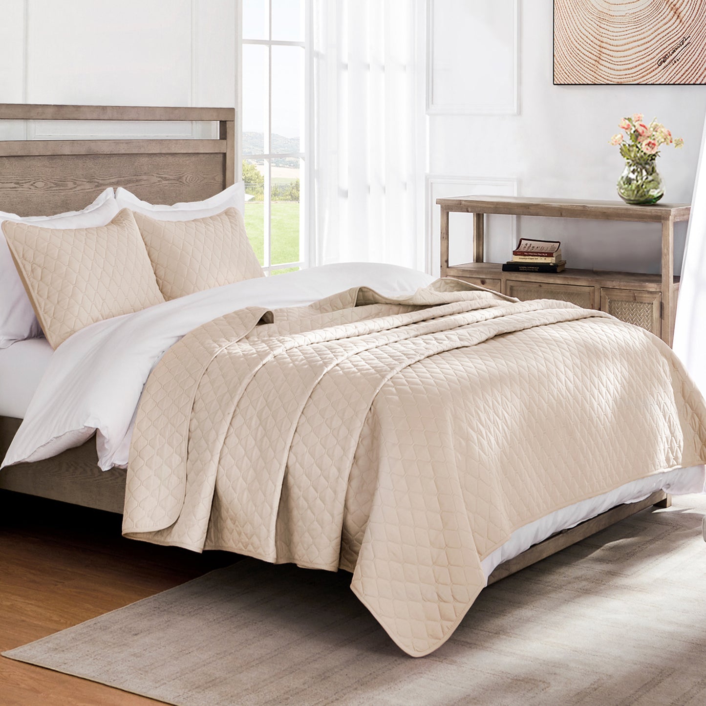 Exclusivo Mezcla Ultrasonic Reversible Twin Quilt Bedding Set with Pillow Sham, Lightweight Quilts Twin Size, Soft Bedspreads Bed Coverlets for All Seasons - (Brich Beige, 68"x88")