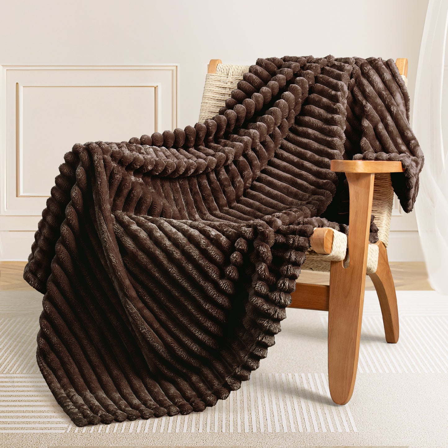 Exclusivo Mezcla Queen Size Flannel Fleece Blanket, Super Soft 3D Striped Jacquard Bed Blanket, Lightweight Fuzzy Cozy Blankets for All Seasons, 90x90 Inches, Coffee Blanket