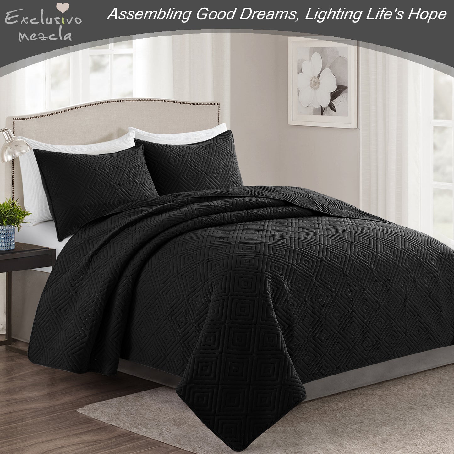 Exclusivo Mezcla 3-Piece Black Queen Size Quilt Set, Square Pattern Ultrasonic Lightweight and Soft Quilts/Bedspreads/Coverlets/Bedding Set (1 Quilt, 2 Pillow Shams) for All Seasons