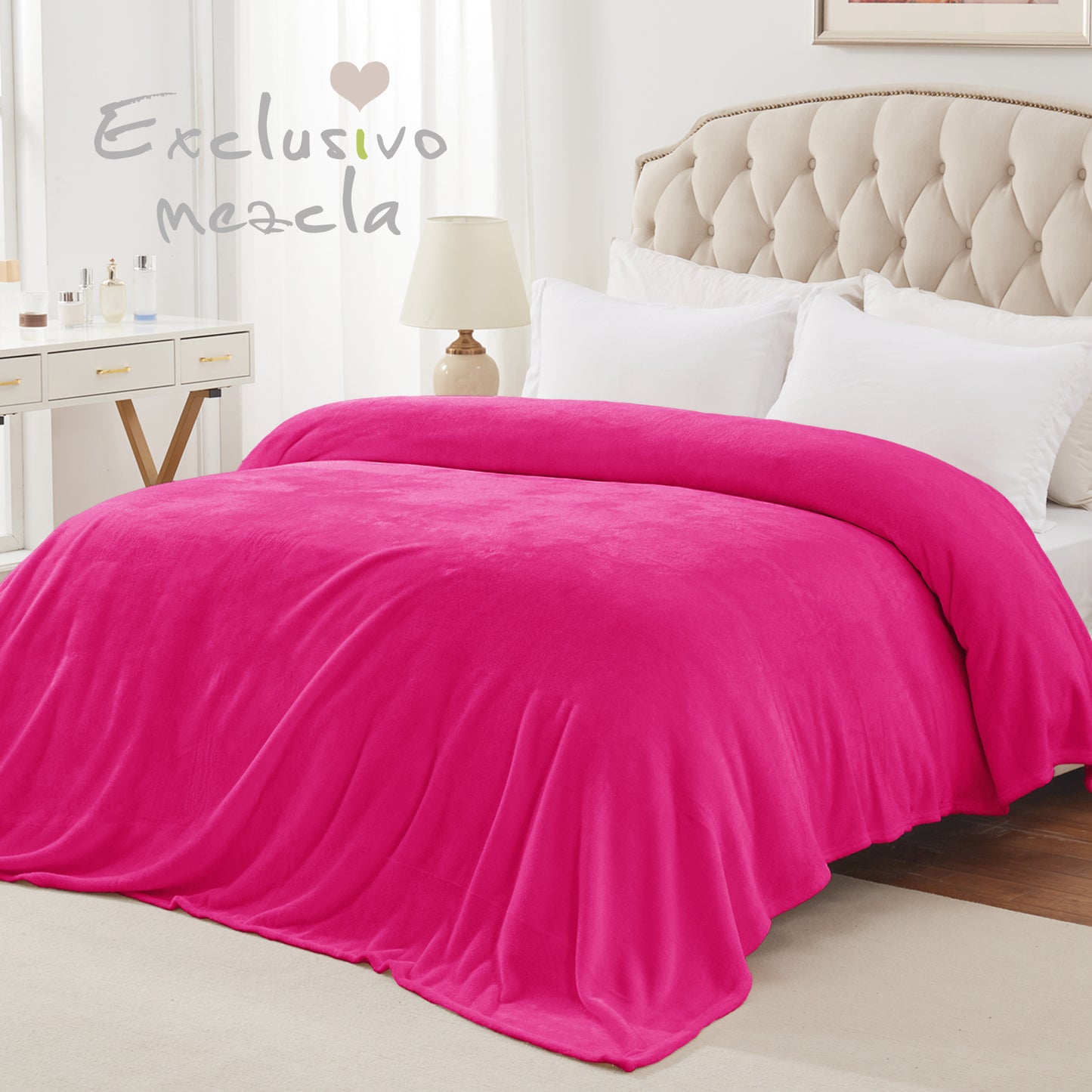 Exclusivo Mezcla Queen Size Flannel Fleece Velvet Plush Bed Blanket as Bedspread, Coverlet, Bed Cover (90x90 inches, Hot Pink) Soft, Lightweight, Warm and Cozy