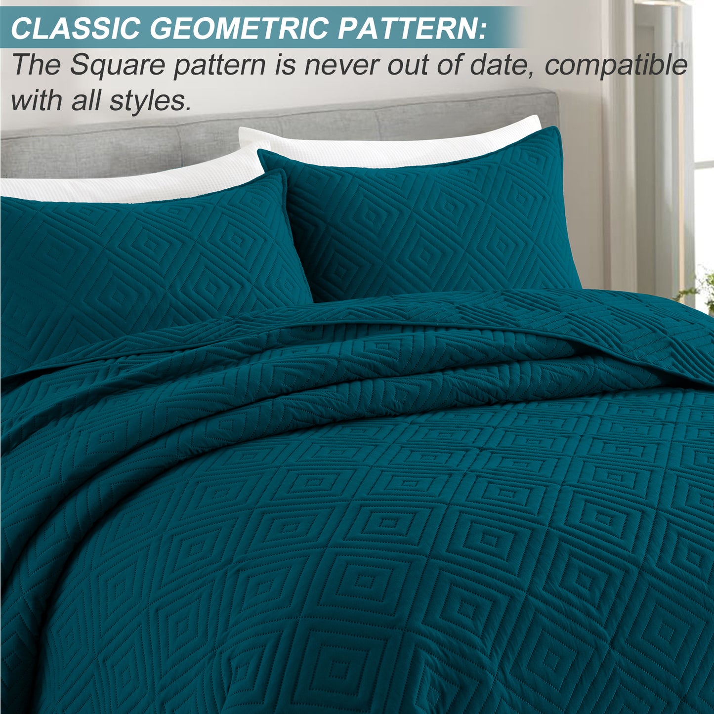 Exclusivo Mezcla 3-Piece Navy blue King Size Quilt Set, Square Pattern Ultrasonic Lightweight and Soft Quilts/Bedspreads/Coverlets/Bedding Set (1 Quilt, 2 Pillow Shams) for All Seasons