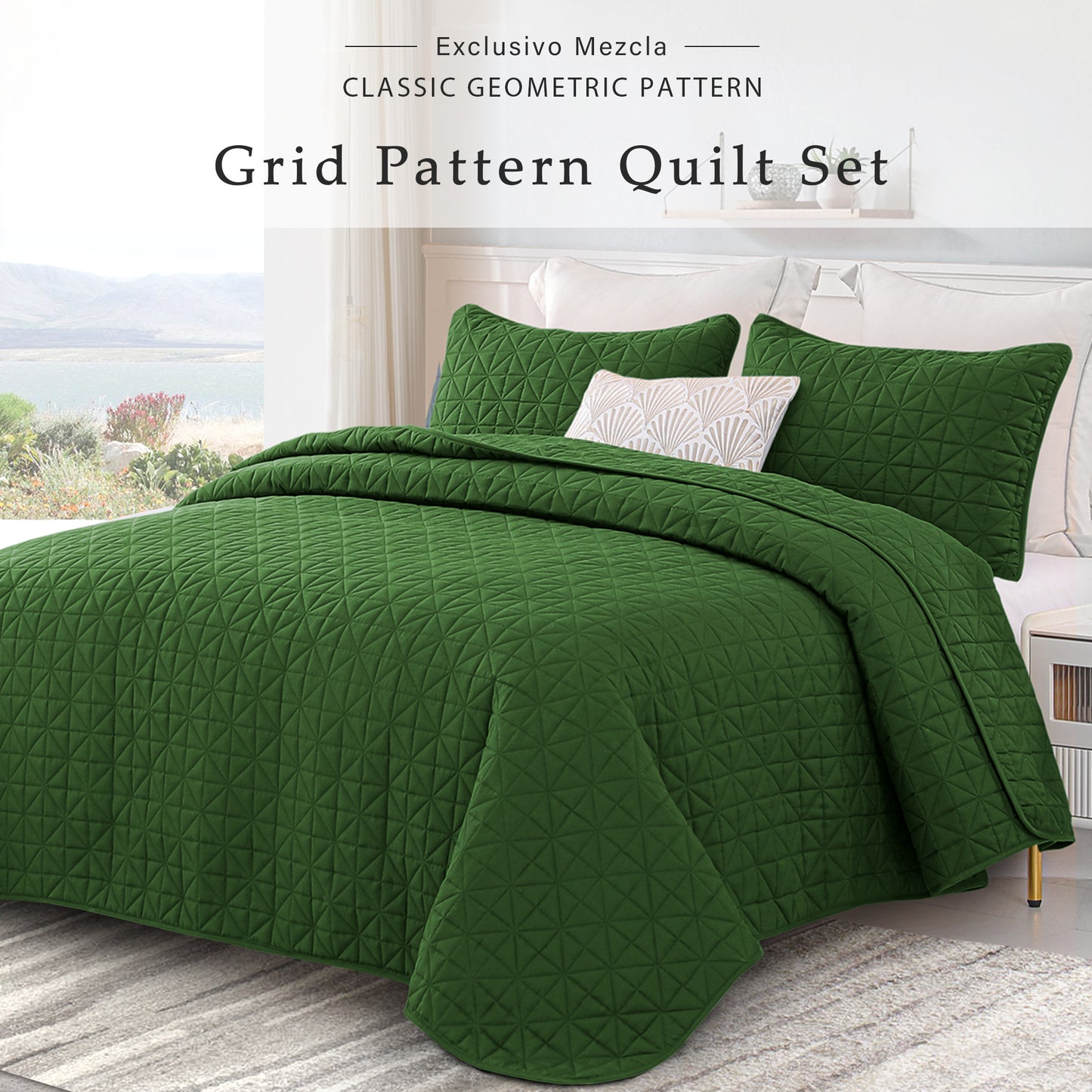 Exclusivo Mezcla Queen Quilt Bedding Set for All Seasons, Lightweight Soft Grass Green Quilts Queen Size Bedspreads Coverlets Bed Cover with Geometric Stitched Pattern, (1 Quilt, 2 Pillow Shams)