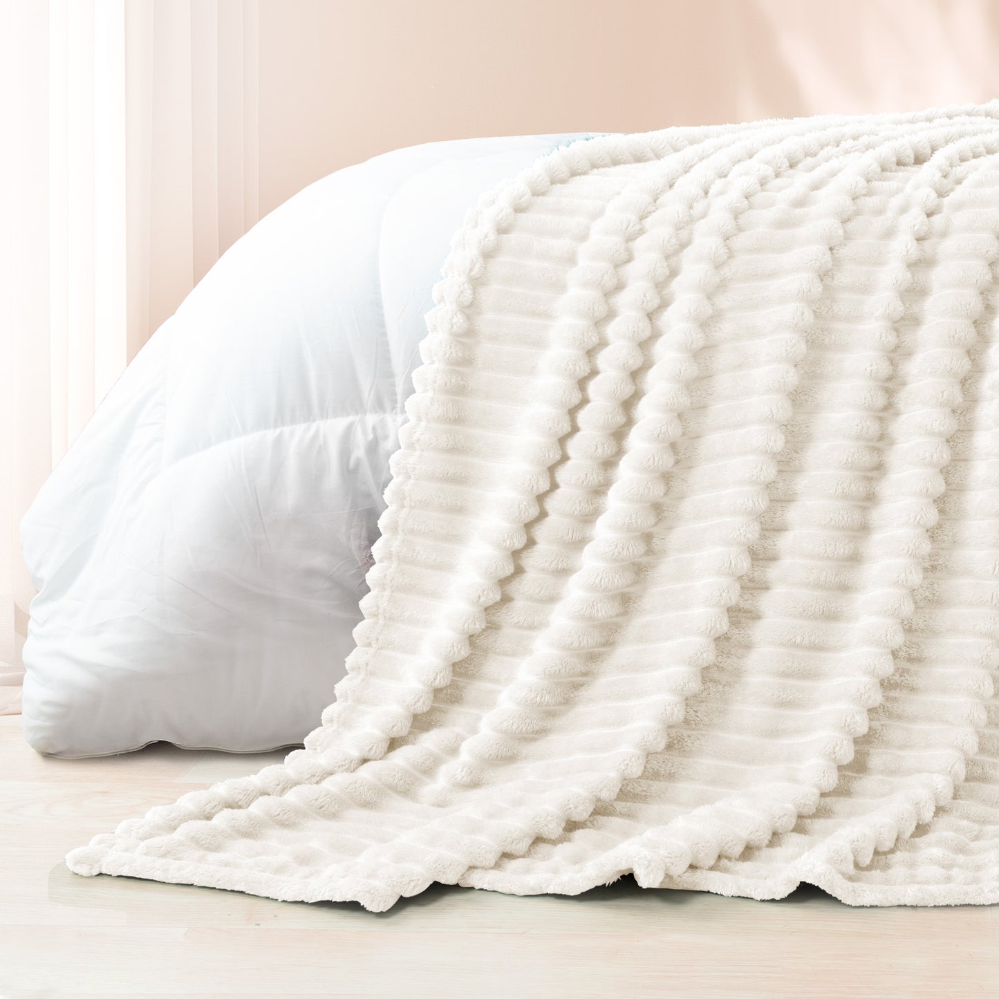Exclusivo Mezcla Fleece Throw Blanket for Couch, Super Soft 3D Striped Jacquard Bed Blanket, Lightweight Fuzzy Cozy Blankets for All Seasons, 50x60 Inches, Ivory Blanket