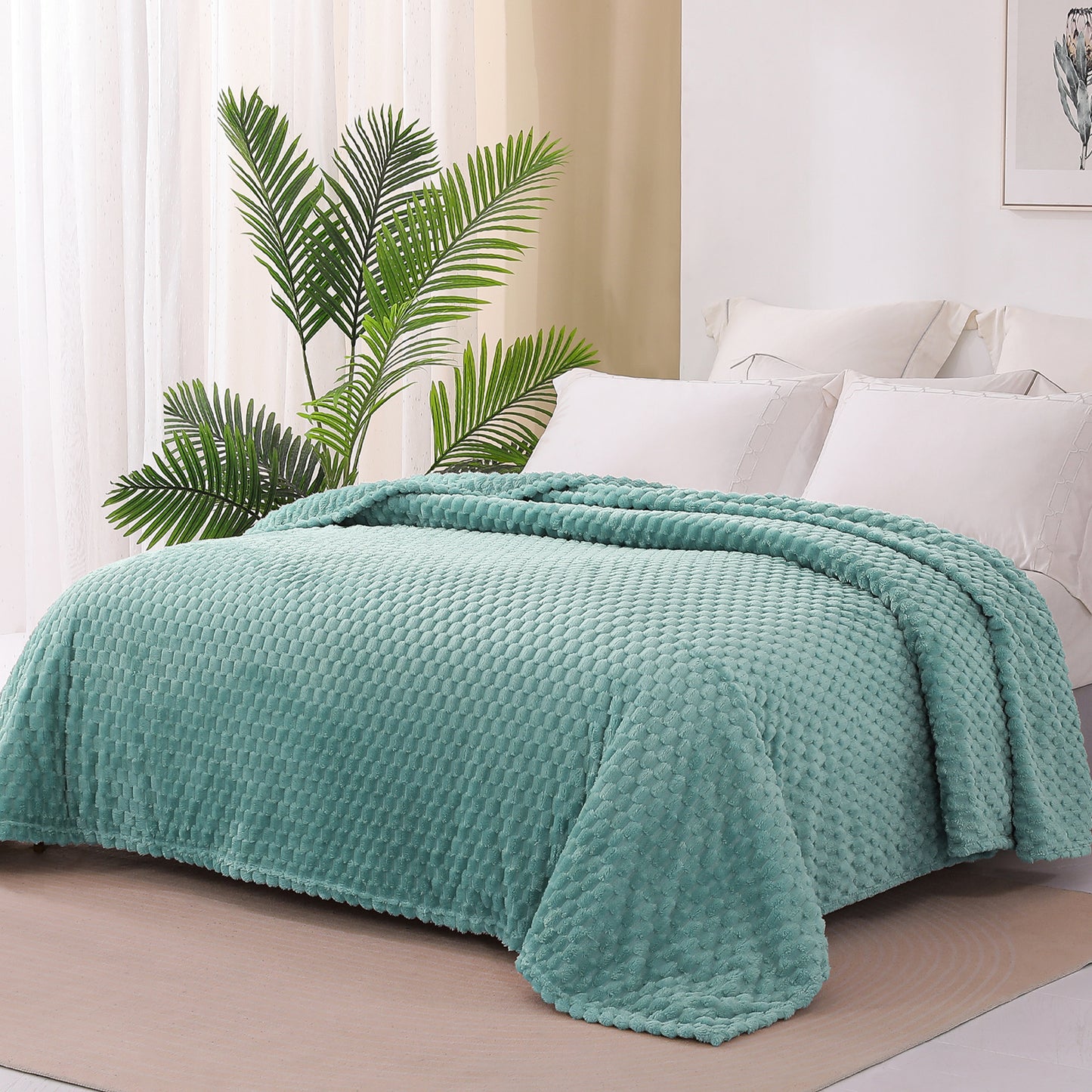 Exclusivo Mezcla Twin Size Soft Fleece Blanket, 90x66 Inches 3D Clouds Stylish Jacquard Velvet Blanket for Bed, Cozy Soft Lightweight for All Season, Celadon Blanket
