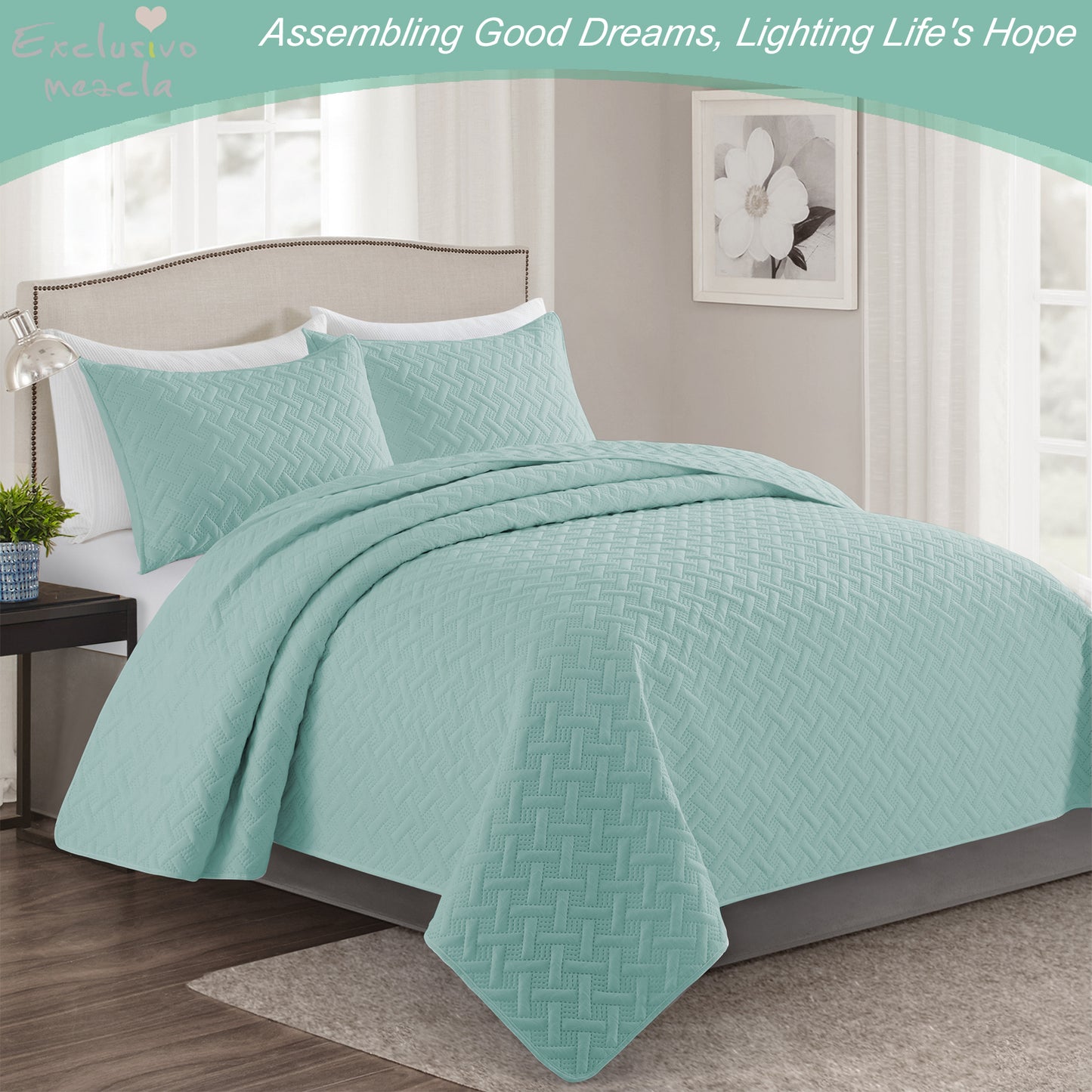 Exclusivo Mezcla 3-Piece Aqua Queen Size Quilt Set, Weave Pattern Ultrasonic Lightweight and Soft Quilts/Bedspreads/Coverlets/Bedding Set (1 Quilt, 2 Pillow Shams) for All Seasons