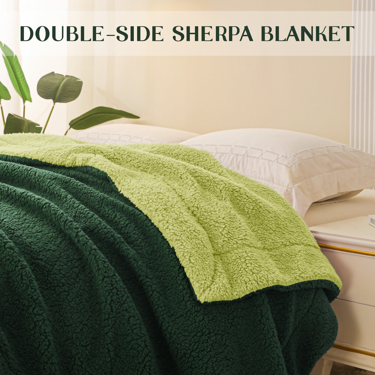 Exclusivo Mezcla Queen Size Reversible Sherpa Fleece Blanket, Soft Plush Blanket for Bed Sofa, Warm Fluffy Blankets for All Season, 90x90 Inches, Forest/ Mint Green
