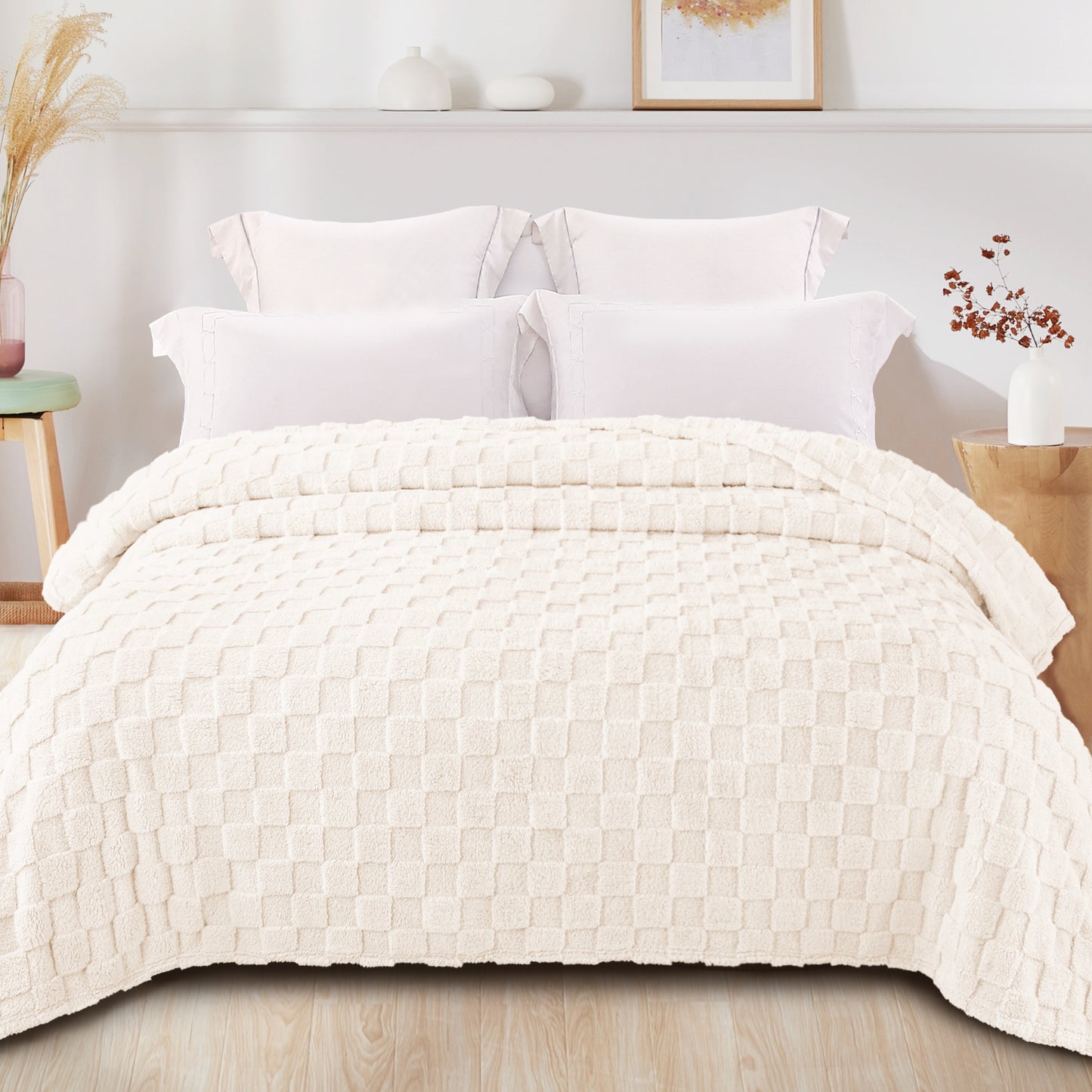 Exclusivo Mezcla Twin Size Flannel Fleece Blanket, Super Soft 3D Checkered Jacquard Bed Blanket, Cozy Fluffy Lightweight Blanket for All Seasons, 60x80 Inches, Ivory Blanket