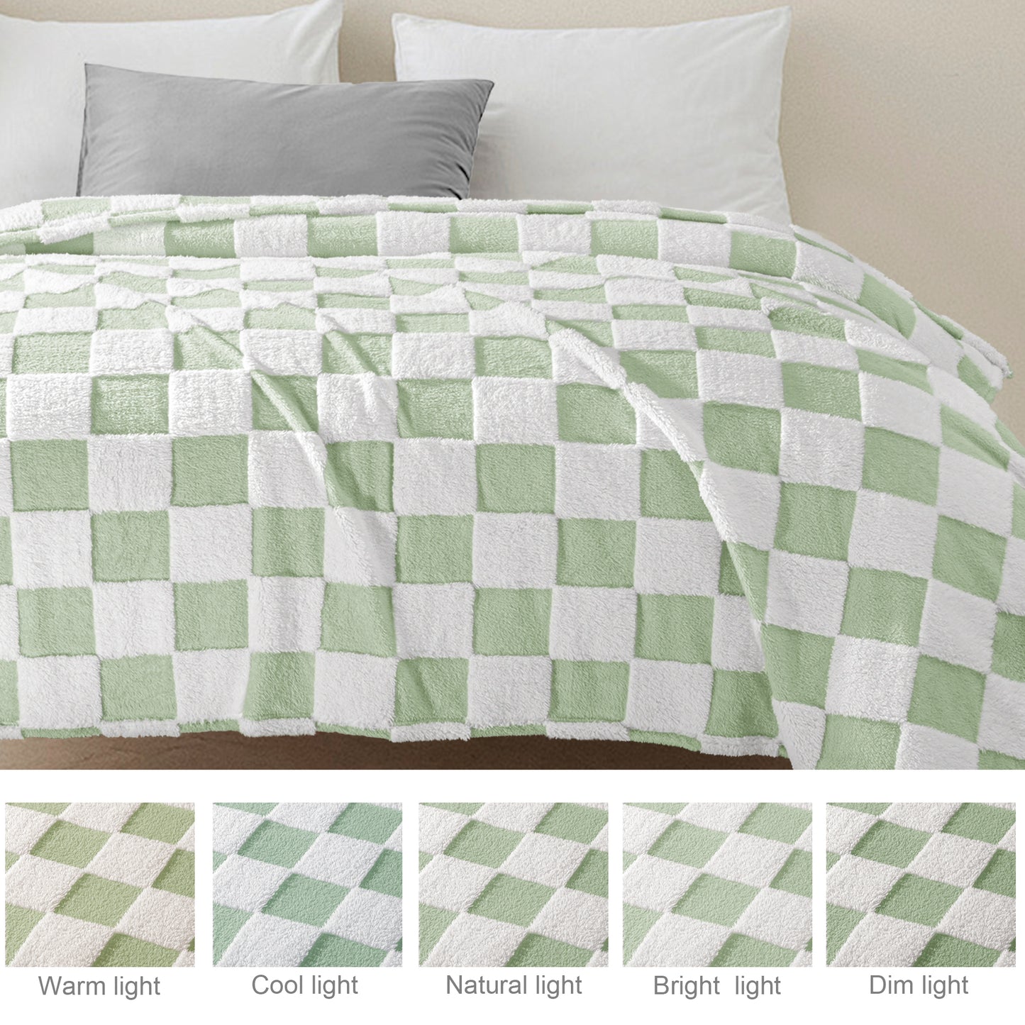 Exclusivo Mezcla Fleece Blanket Queen, Cozy Lightweight Fuzzy Checkered Blanket for Bed, Suitable for All Season, Sage Green, 90" x 90"