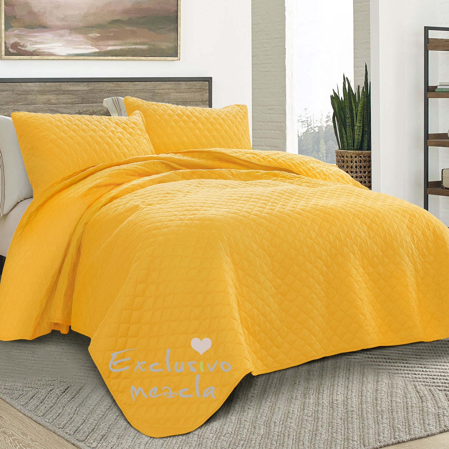 Exclusivo Mezcla Ultrasonic Reversible Twin Quilt Bedding Set with Pillow Sham, Lightweight Quilts Twin Size, Soft Bedspreads Bed Coverlets for All Seasons - (Bright Yellow, 68"x88")