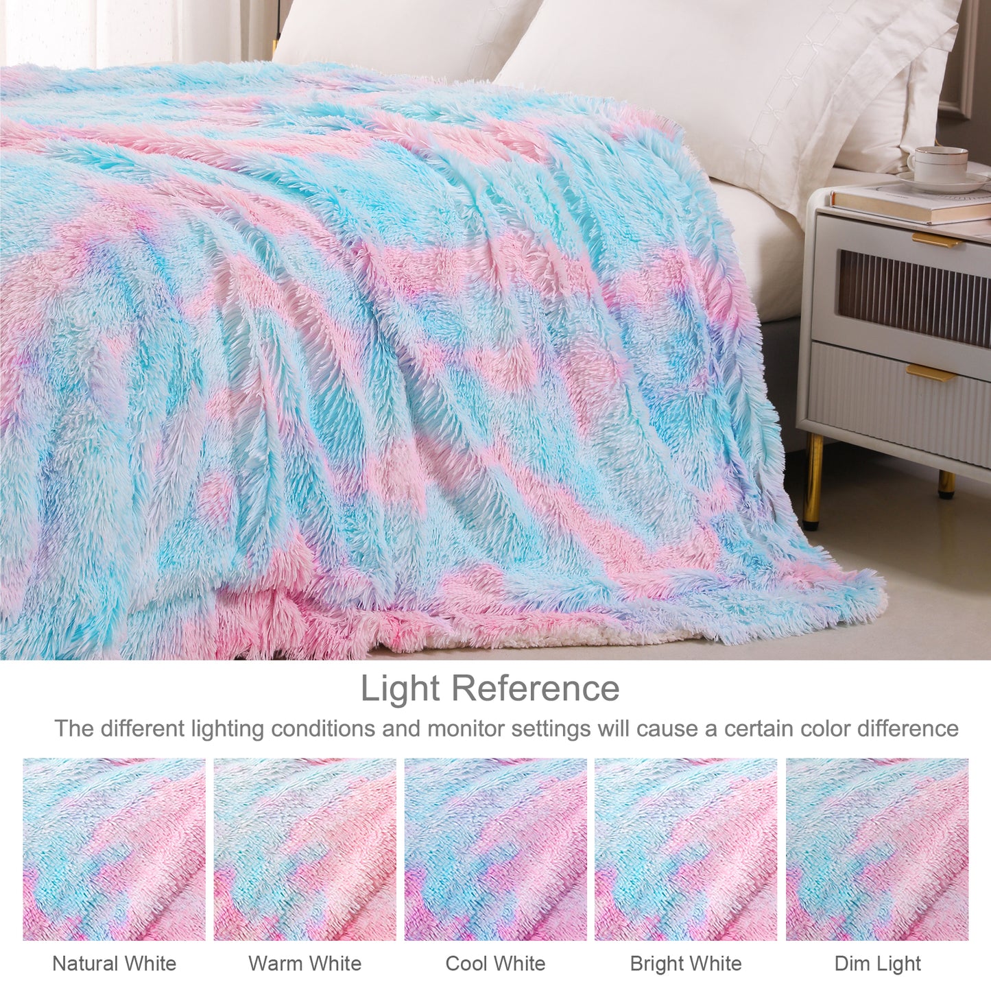 Exclusivo Mezcla Twin Size Faux Fur Bed Blanket, Super Soft Fuzzy and Plush Reversible Sherpa Fleece Blanket and Warm Blankets for Bed, Sofa, Travel, 60X80 inches,Aqua Rainbow
