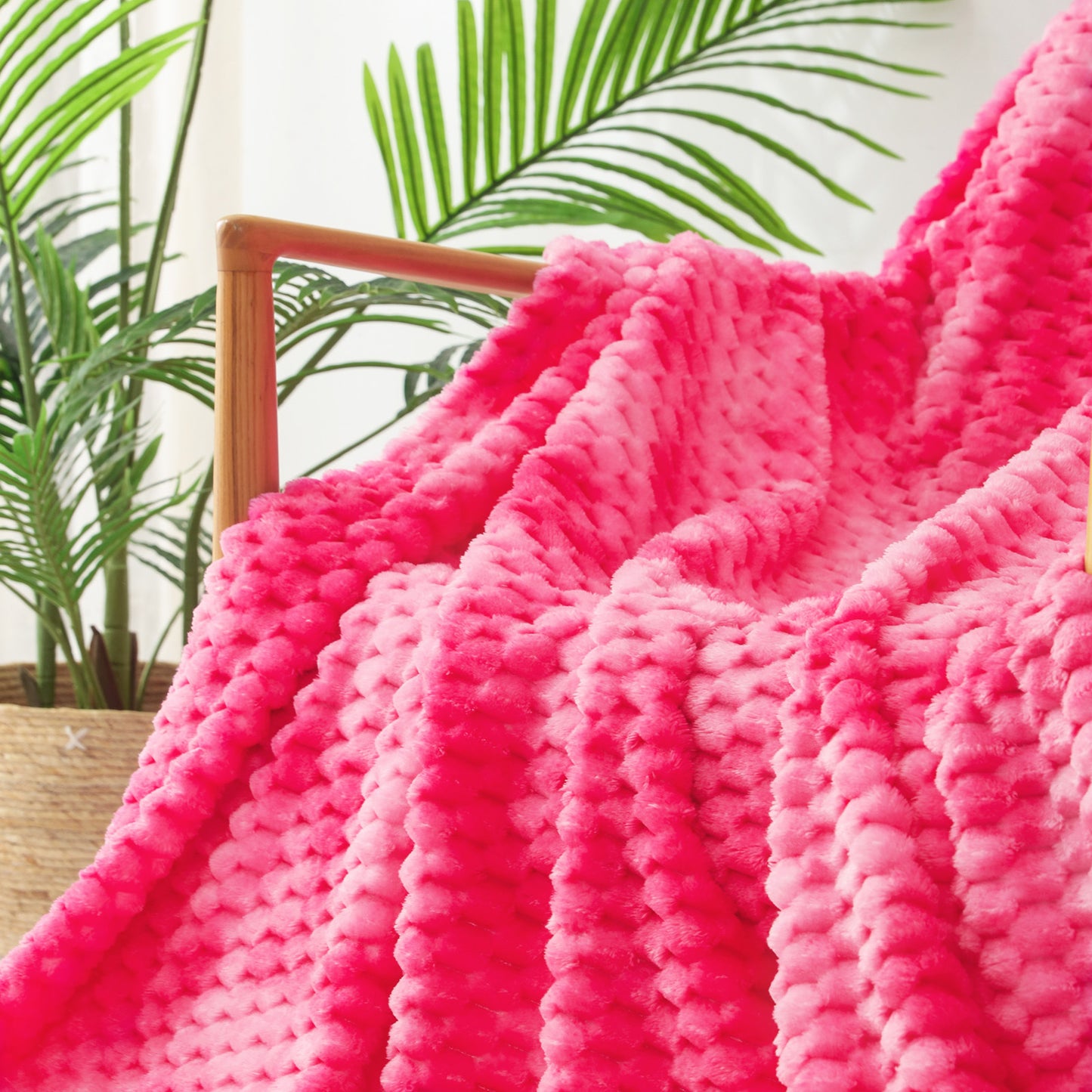 Exclusivo Mezcla Queen Size Flannel Fleece Blanket, 90x90 Inches Stylish Jacquard Velvet Plush Blanket for Bed, Cozy, Warm, Lightweight and Decorative Hot Pink Blanket