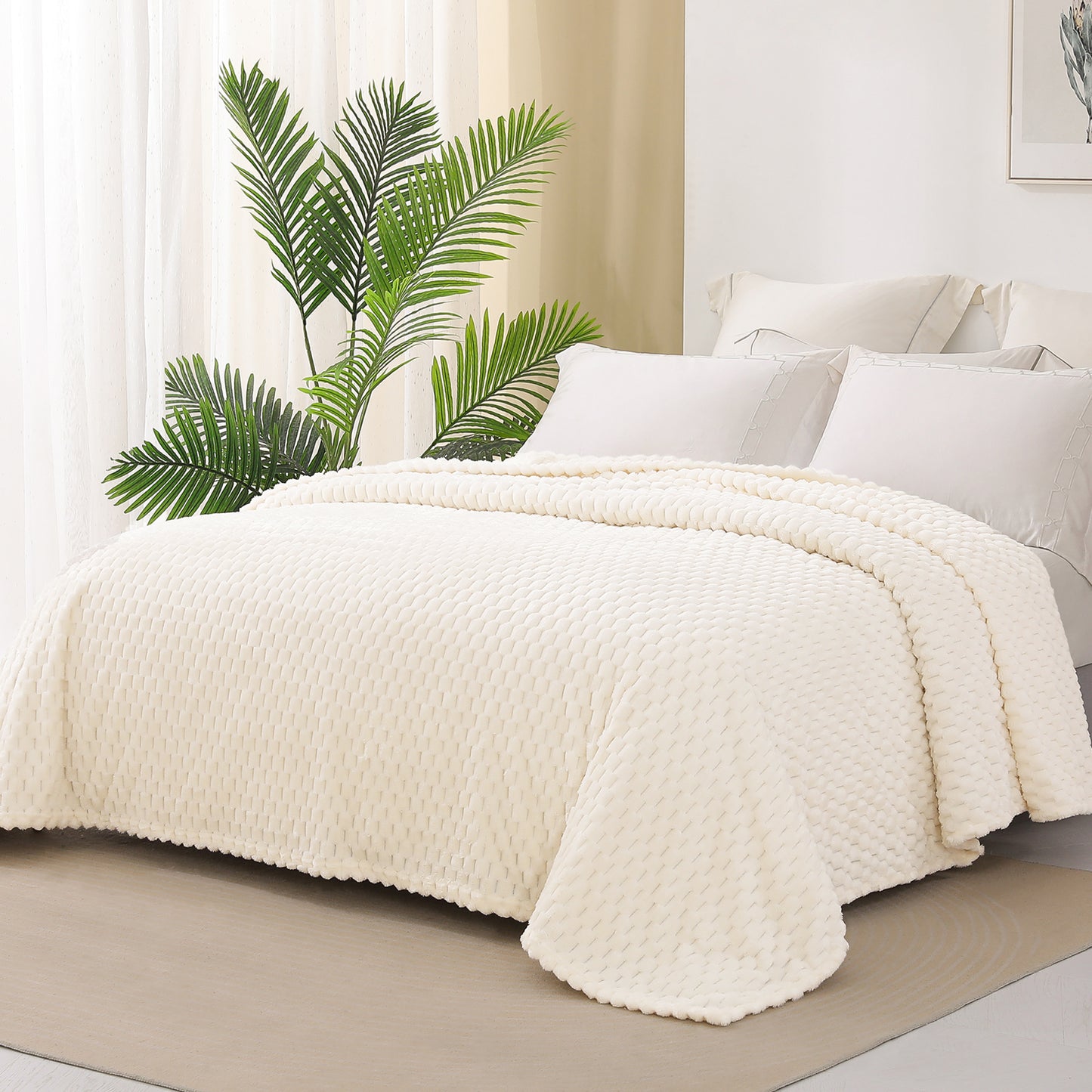 Exclusivo Mezcla Queen Size Flannel Fleece Blanket, 90x90 Inches Stylish Jacquard Velvet Plush Blanket for Bed, Cozy, Warm, Lightweight and Decorative Off White Blanket