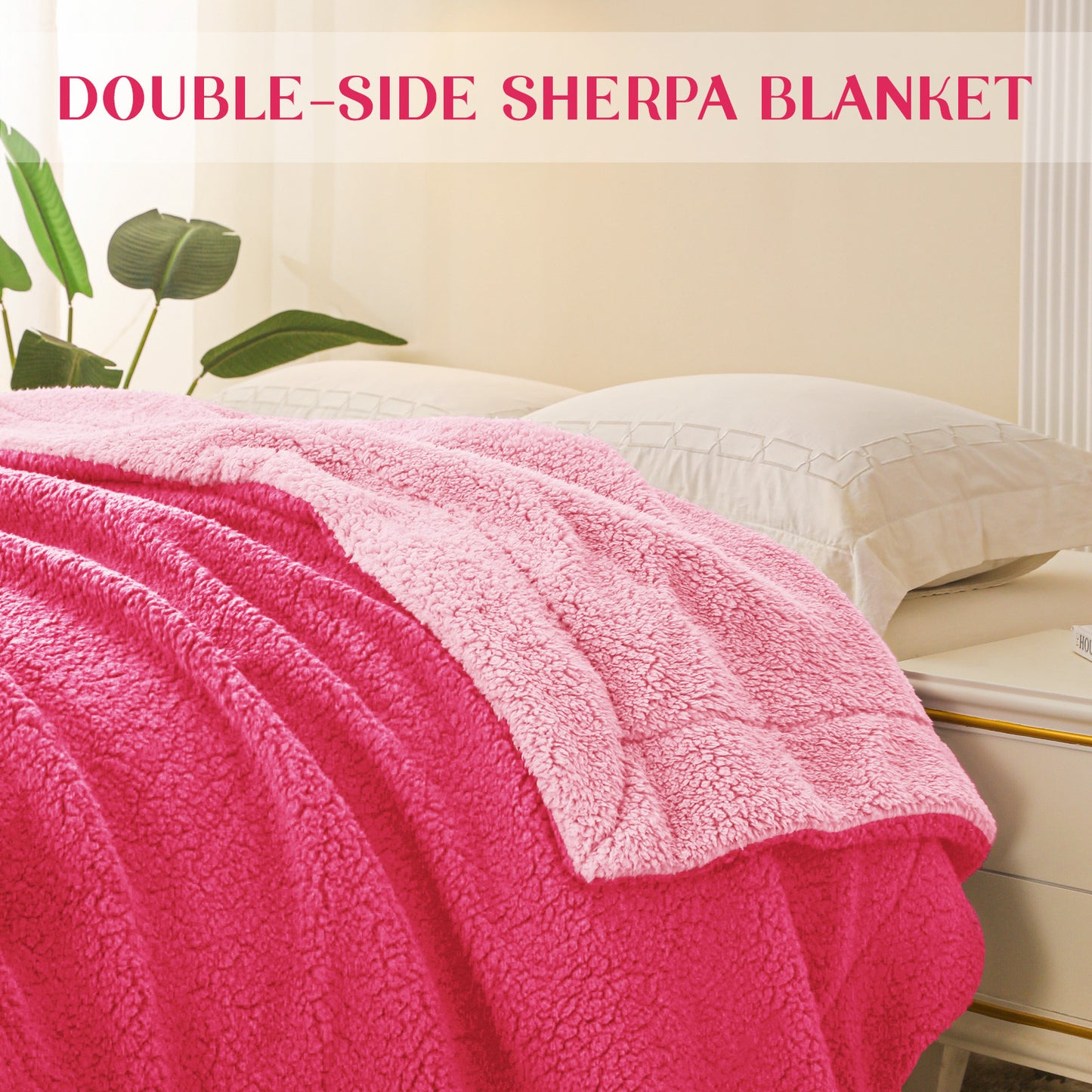 Exclusivo Mezcla Twin Size Reversible Sherpa Fleece Blanket, Soft Plush Blanket for Bed Sofa, Warm Fluffy Blankets for All Season, 60x80 Inches, Hot Pink/ Light Pink