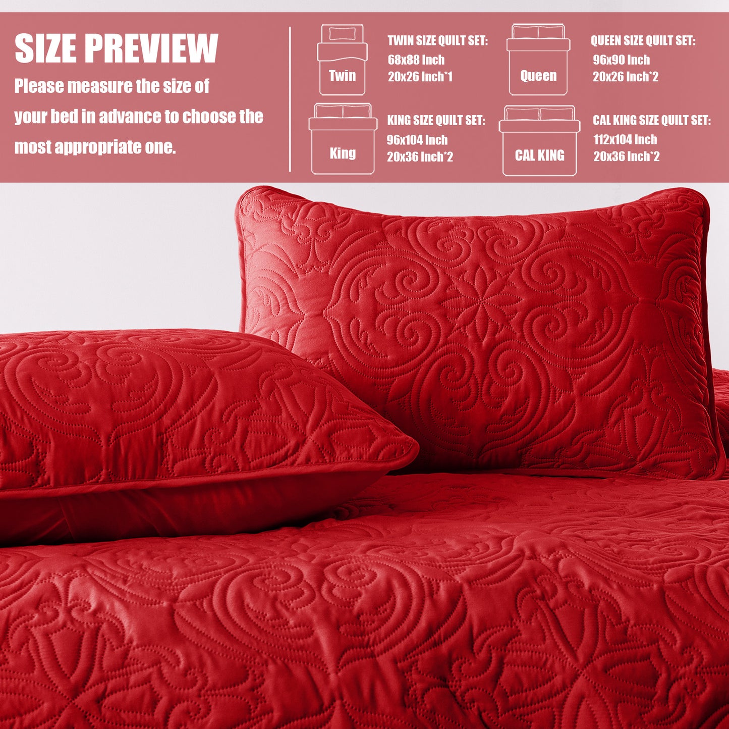 Exclusivo Mezcla King Quilt Bedding Set, Lightweight Vintage King Size Quilts with Pillow Shams, Soft Bedspreads Coverlets for All Seasons, (104"x96", Red)