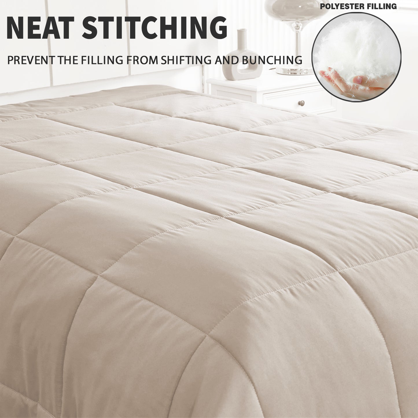 Exclusivo Mezcla Lightweight Reversible 3-Piece Comforter Set All Seasons, Down Alternative Comforter with 2 Pillow Shams, King Size, Beige/White