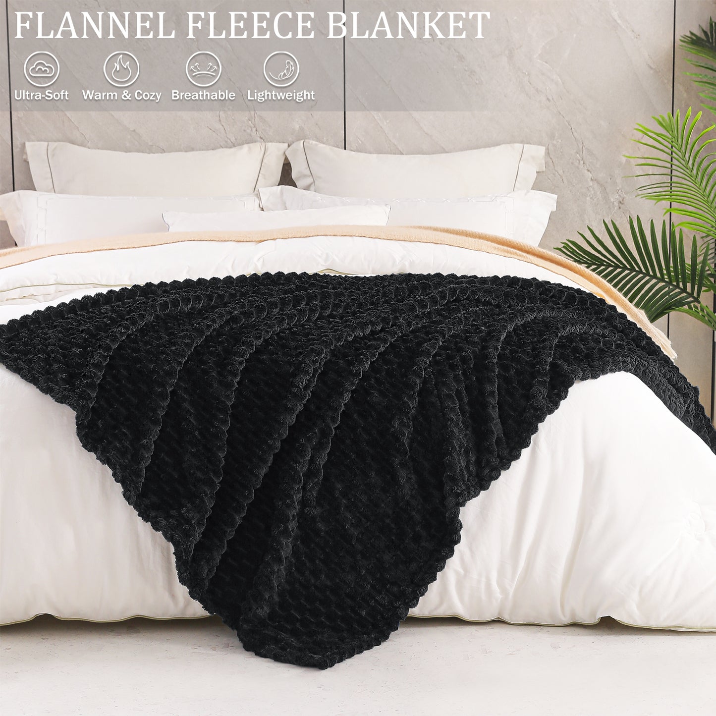 Exclusivo Mezcla Twin Size Soft Fleece Blanket, 90x66 Inches 3D Clouds Stylish Jacquard Velvet Blanket for Bed, Cozy Soft Lightweight for All Season, Black Blanket