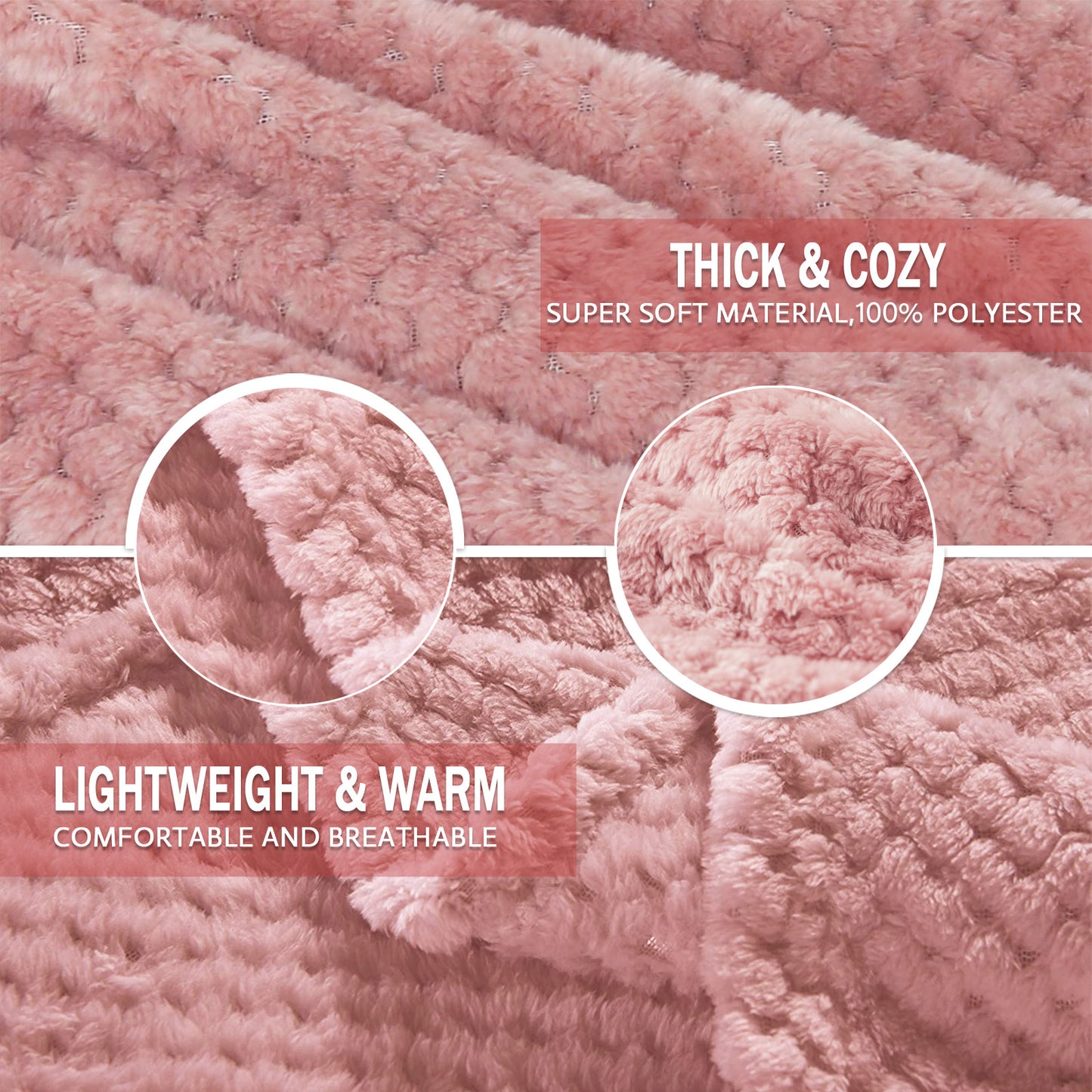 Exclusivo Mezcla Waffle Textured Dusty Pink Fleece Blanket, Super Soft and Warm 50x70 inches Throw Blanket for Couch, Cozy, Fuzzy and Lightweight