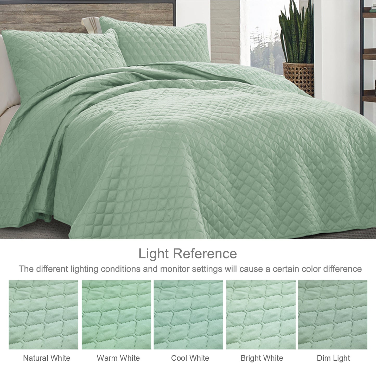 Exclusivo Mezcla Ultrasonic Reversible King Size Quilt Bedding Set with Pillow Shams, Lightweight Quilts King Size, Soft Bedspreads Bed Coverlets for All Seasons - (Mint Green, 104"x96")