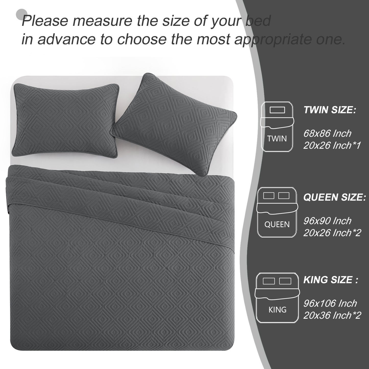 Exclusivo Mezcla 3-Piece Gray King Size Quilt Set, Square Pattern Ultrasonic Lightweight and Soft Quilts/Bedspreads/Coverlets/Bedding Set (1 Quilt, 2 Pillow Shams) for All Seasons