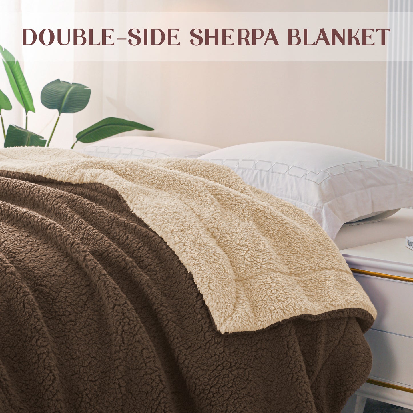 Exclusivo Mezcla Reversible Sherpa Fleece Throw Blanket for Couch, Soft Plush Blanket for Bed Sofa, Warm Fluffy Blankets for All Season, 50x60 Inches, Brown/ Khaki