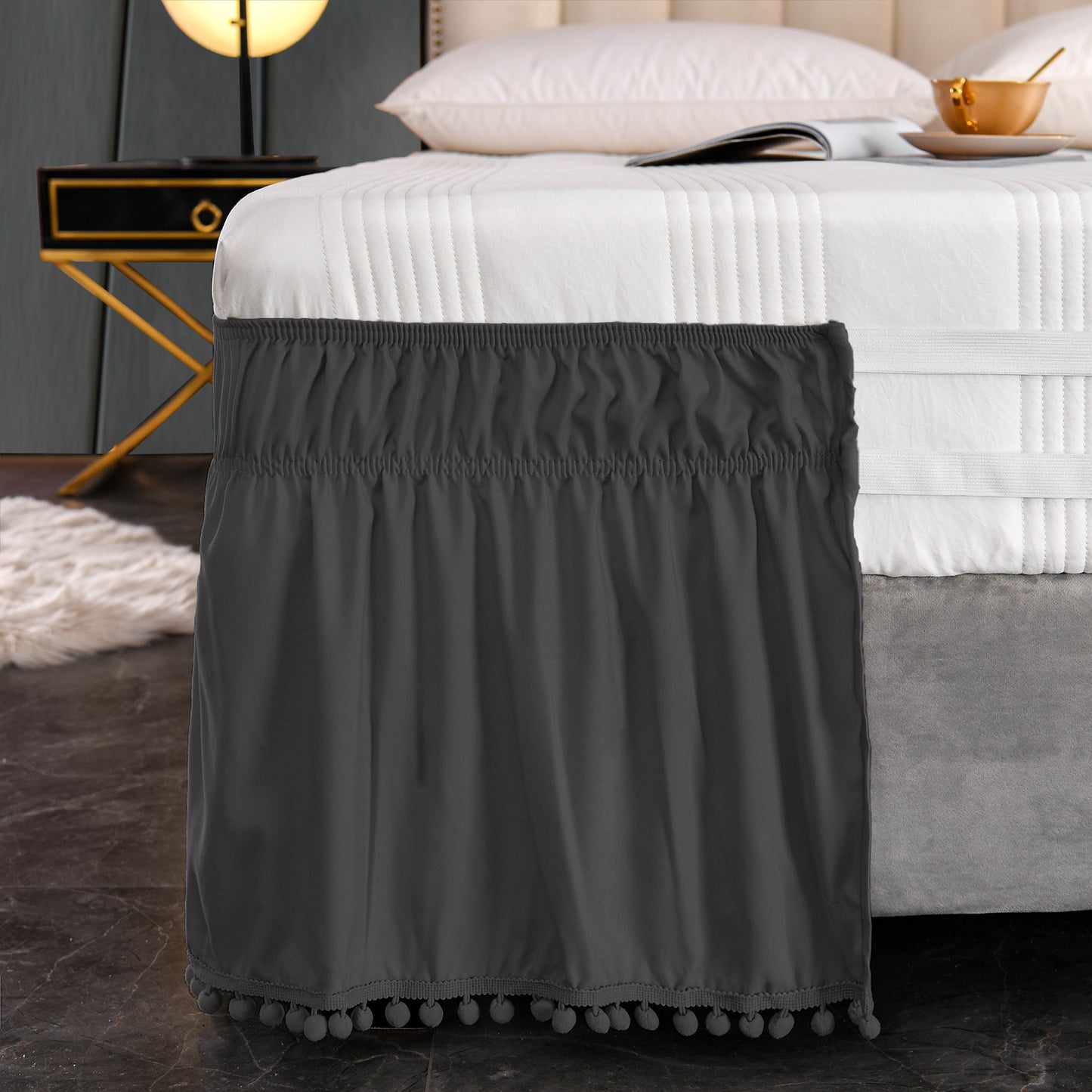 Exclusivo Mezcla Pom Pom Bed Skirt with Adjustable Elastic Belt, Easy Wrap Around Dust Ruffles with 16 Inch Tailored Drop, Wrinkle and Fade Resistant, (Full, Grey)
