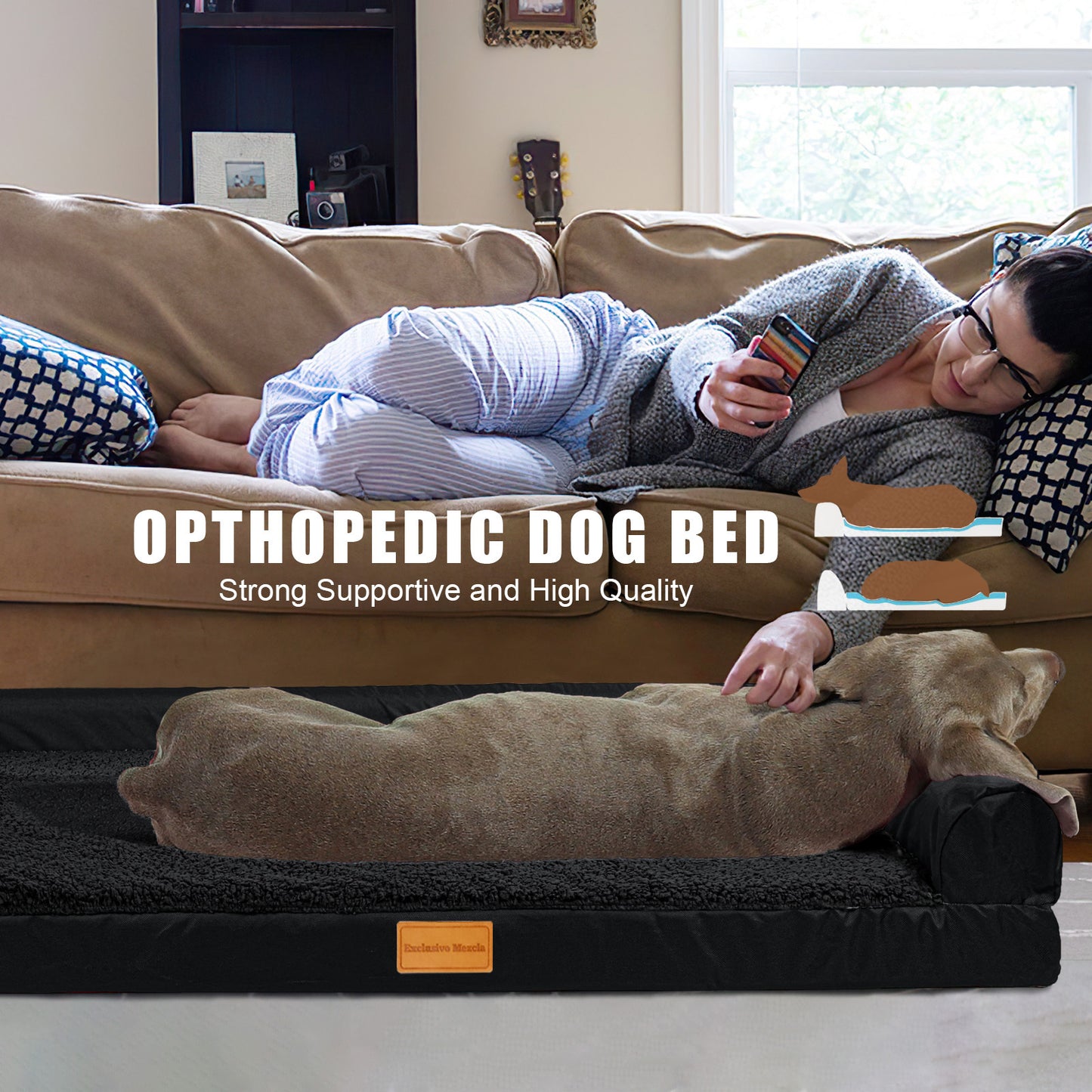 Exclusivo Mezcla Orthopedic XXL Dog Bed for Extra Large Dogs 48''X30'', L Shaped with Removable Washable Cover, Waterproof Supportive Foam Pet Couch Bed Mat, Black