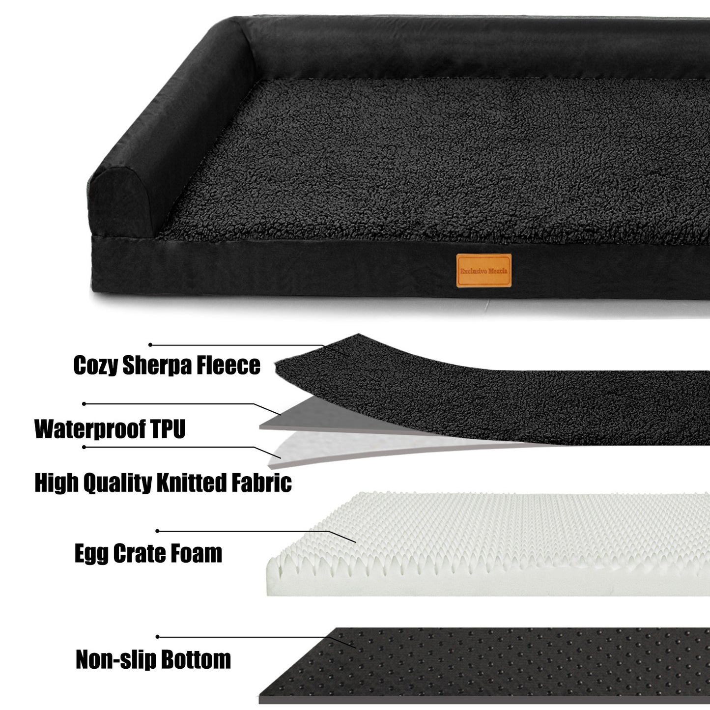 Exclusivo Mezcla Orthopedic XXL Dog Bed for Extra Large Dogs 48''X30'', L Shaped with Removable Washable Cover, Waterproof Supportive Foam Pet Couch Bed Mat, Black
