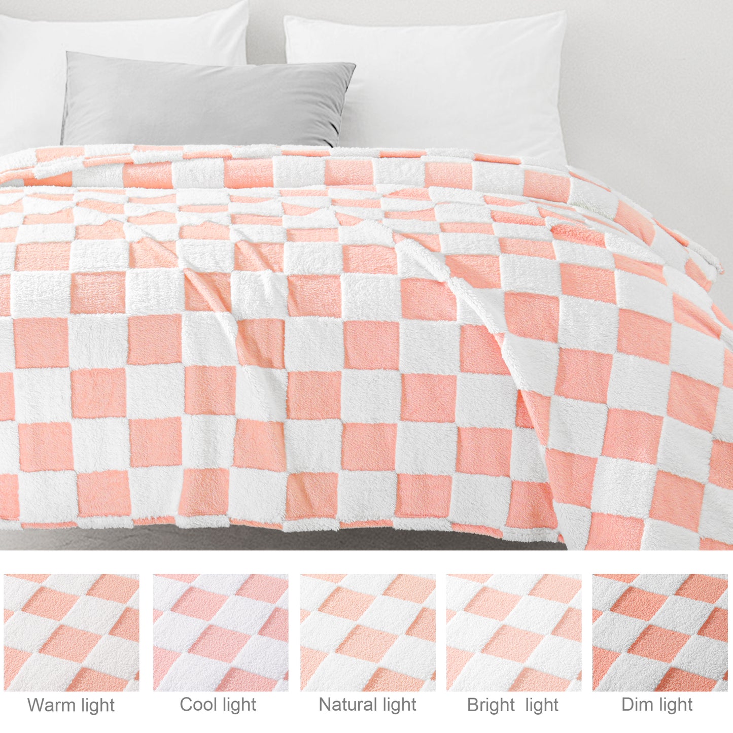 Exclusivo Mezcla Fleece Blanket Queen, Cozy Lightweight Fuzzy Checkered Blanket for Bed, Suitable for All Season, Pink, 90" x 90"