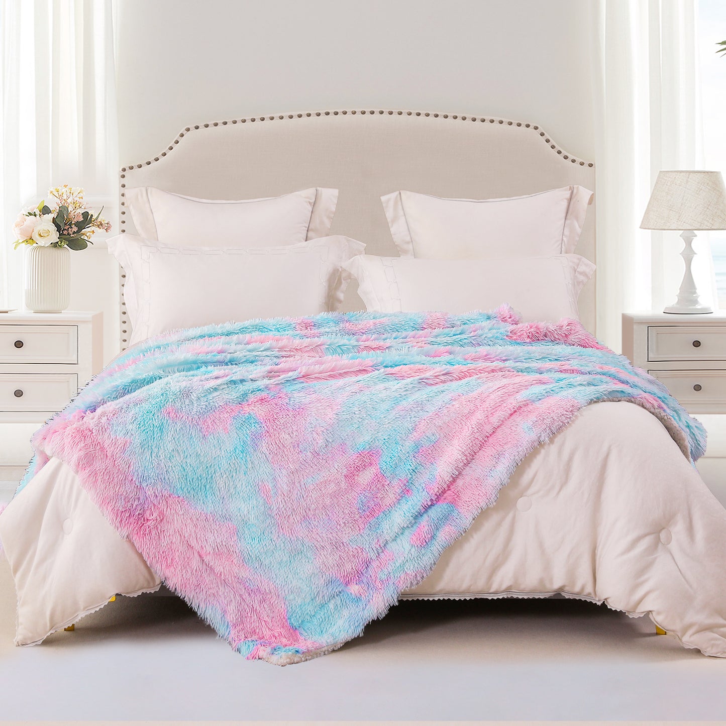 Exclusivo Mezcla Twin Size Faux Fur Bed Blanket, Super Soft Fuzzy and Plush Reversible Sherpa Fleece Blanket and Warm Blankets for Bed, Sofa, Travel, 60X80 inches,Aqua Rainbow