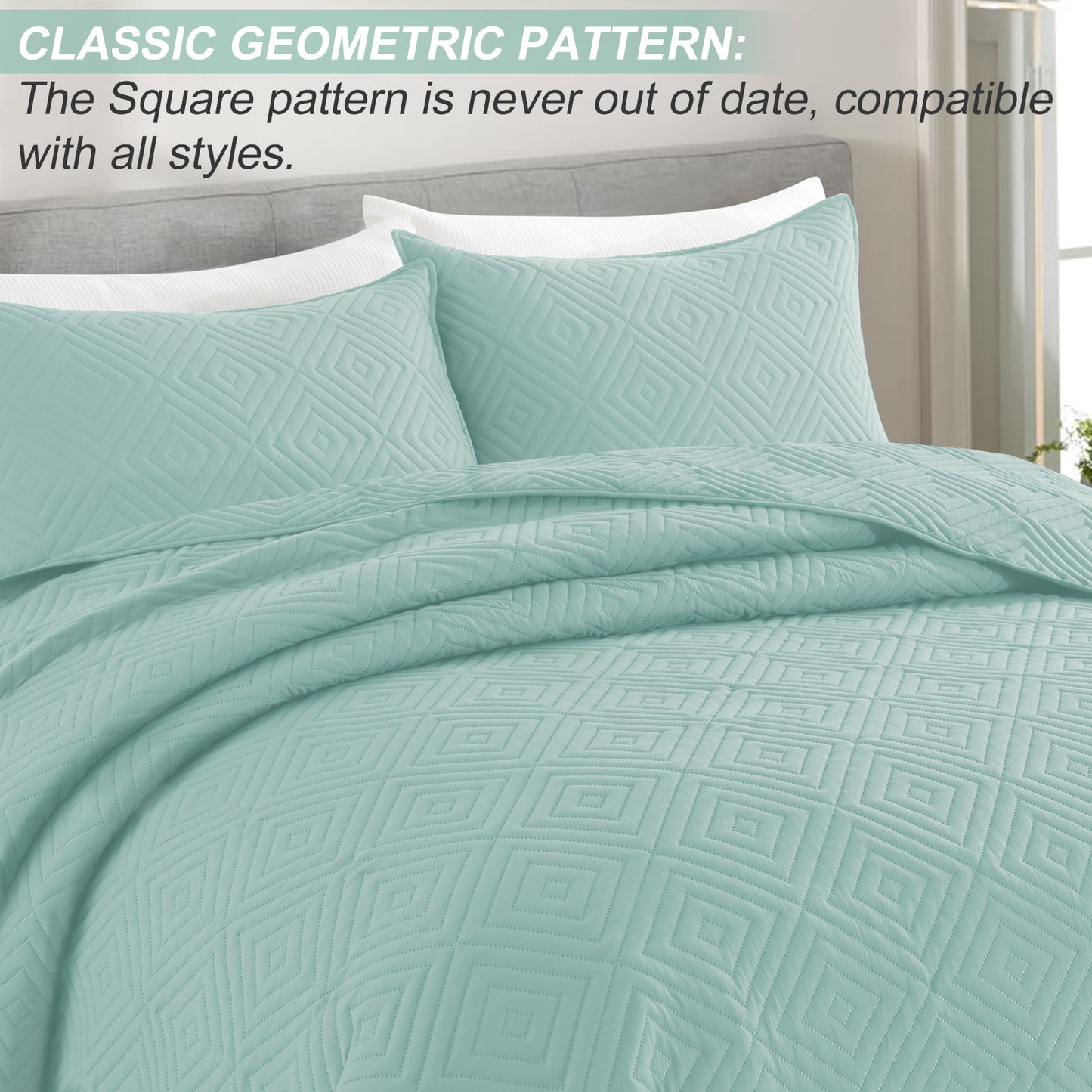 Exclusivo Mezcla 2-Piece Aqua Twin Size Quilt Set, Square Pattern Ultrasonic Lightweight and Soft Quilts/Bedspreads/Coverlets/Bedding Set (1 Quilt, 1 Pillow Sham) for All Seasons