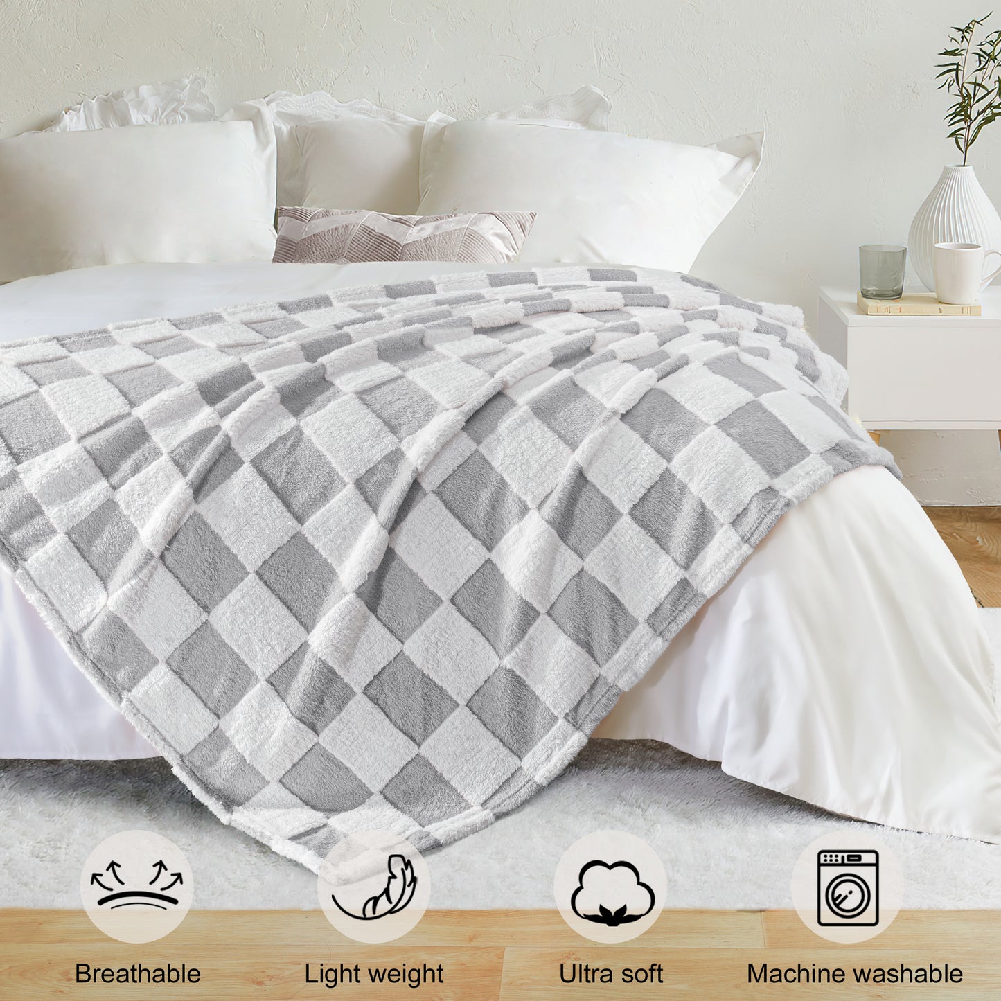 Exclusivo Mezcla Checkered Throw Blanket, Super Soft and Warm Fluffy Fleece Blanket for Couch, Sofa, Bed, Cute Plaid Pattern, Light Grey, 50" x 60"