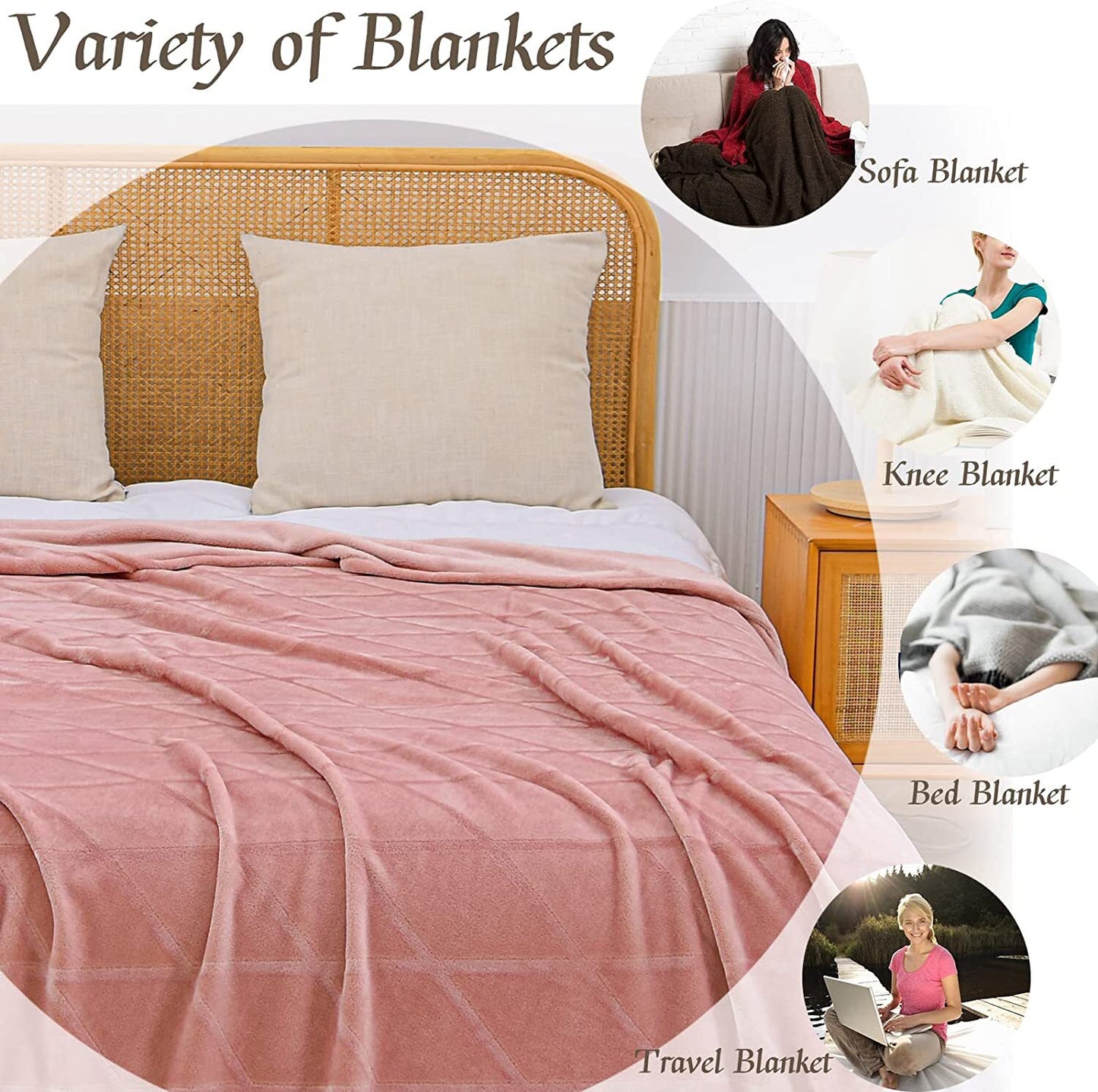 Exclusivo Mezcla King Size Flannel Fleece Blanket, 90x104 Inches Soft Diamond Geometry Pattern Velvet Plush Blanket for Bed, Cozy, Warm, Lightweight and Decorative Pink Blanket