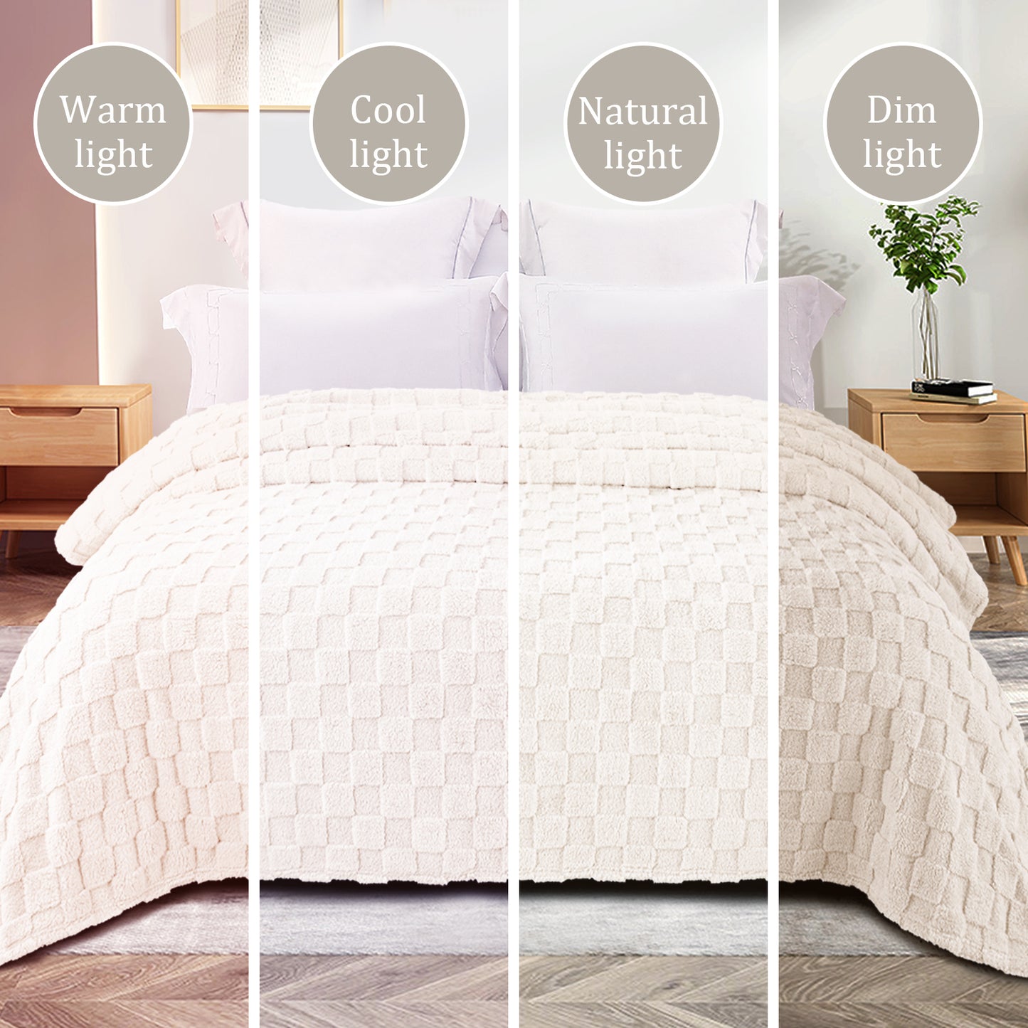 Exclusivo Mezcla Fleece Throw Blanket for Couch, Super Soft 3D Checkered Jacquard Bed Blanket, Cozy Fluffy Lightweight Blanket for All Seasons, 50x60 Inches, Ivory Blanket