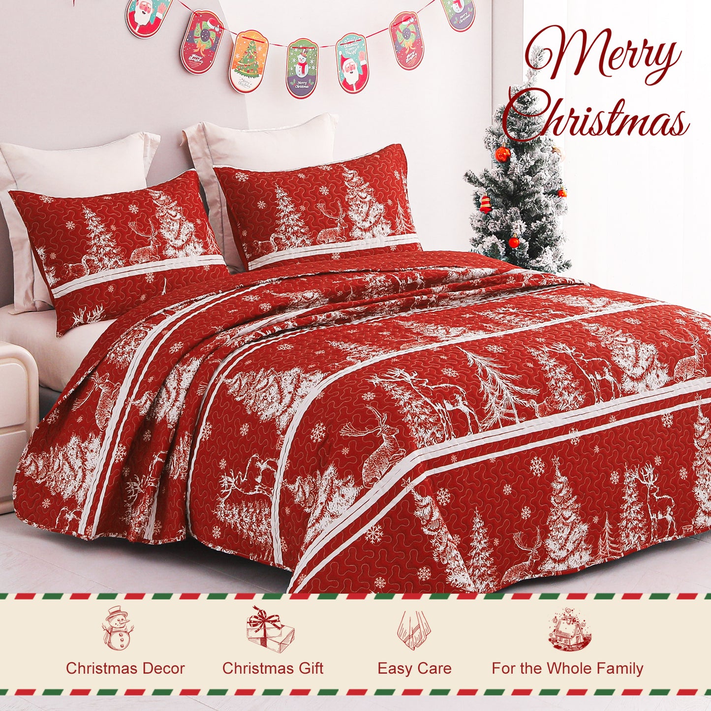 Exclusivo Mezcla Christmas Quilt Set Twin Size Bedding Set, Reversible Rust Red Striped Bedspreads/ Coverlets with Christmas Trees Snowflakes Pattern, for Holiday Decoration and Gifts