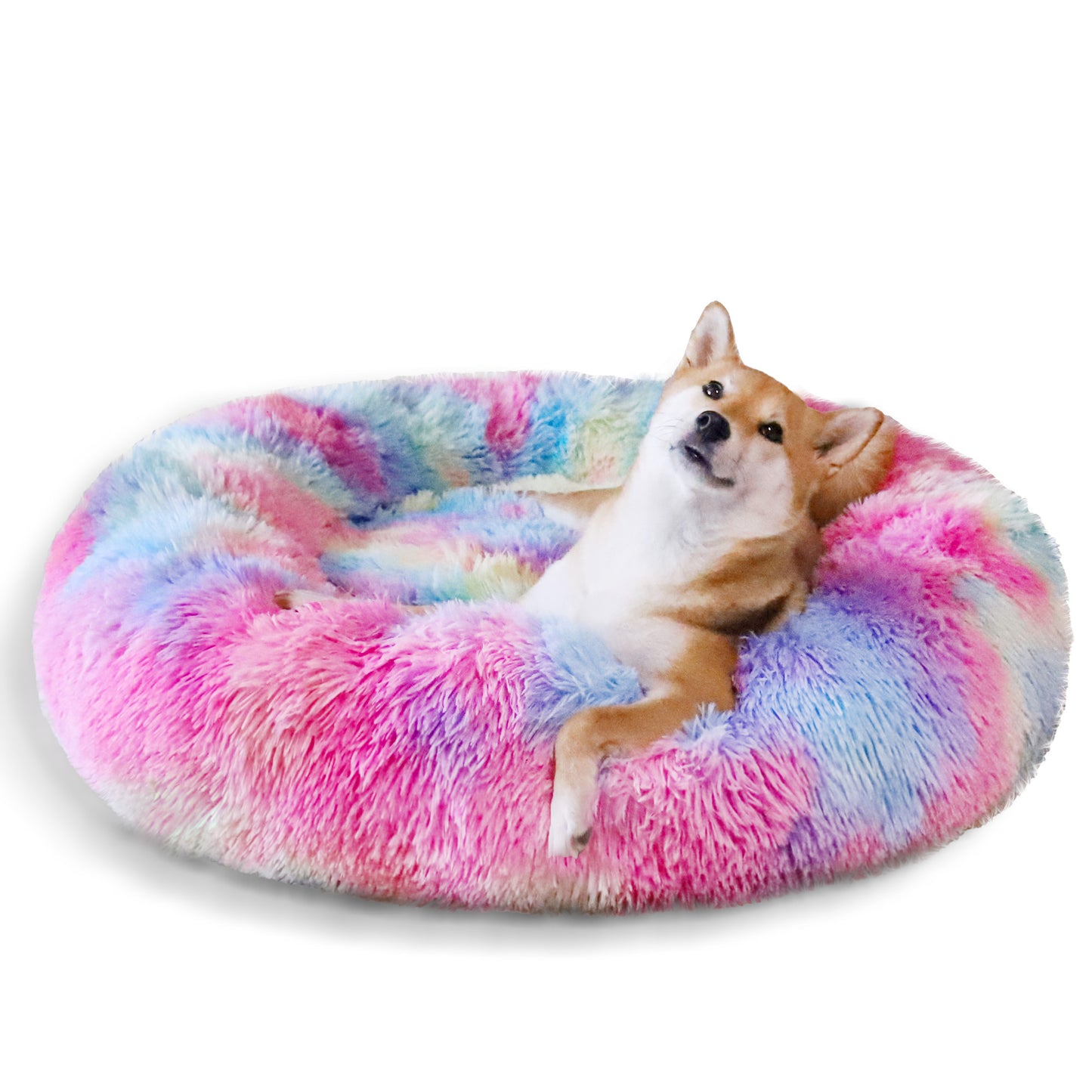 Exclusivo Mezcla Calming Donut Pet Bed for Large Dogs 36", Anti-Anxiety Plush Cozy Warming Dog Bed, Pink Rainbow