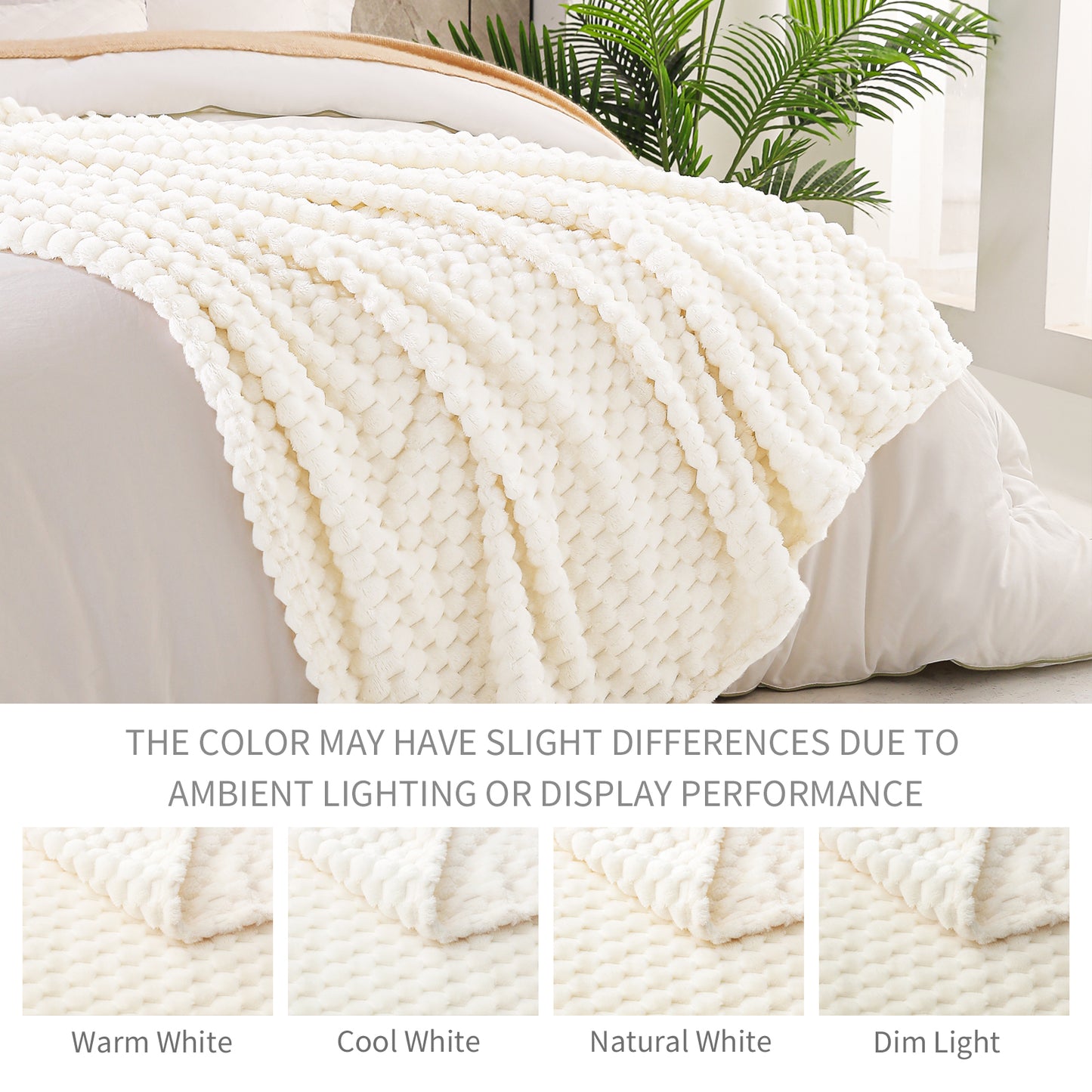 Exclusivo Mezcla Twin Size Flannel Fleece Blanket, 60x80 Inches Stylish Jacquard Velvet Plush Blanket for Bed, Cozy, Warm, Lightweight and Decorative Off White Blanket