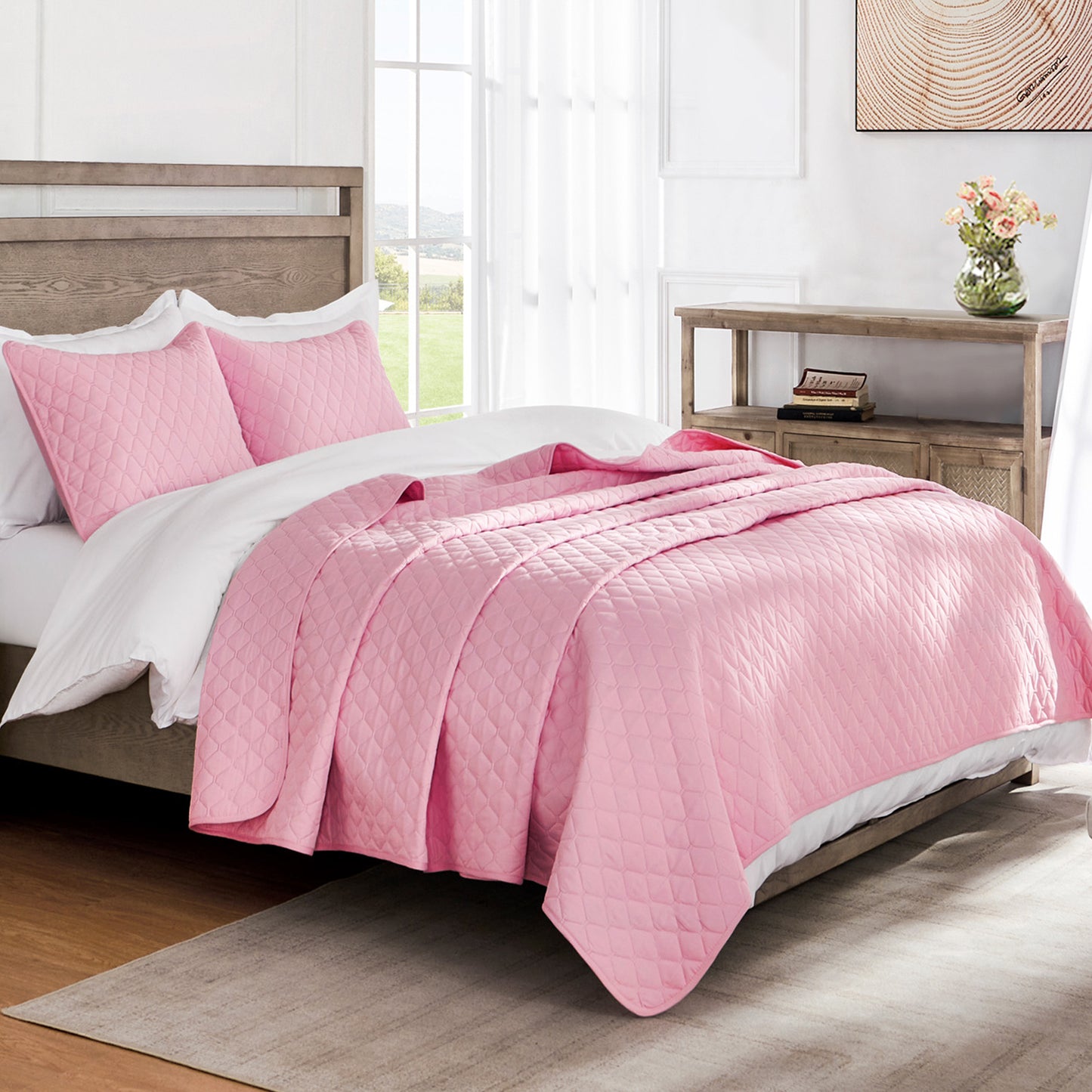 Exclusivo Mezcla Ultrasonic Reversible Twin Quilt Bedding Set with Pillow Sham, Lightweight Quilts Twin Size, Soft Bedspreads Bed Coverlets for All Seasons - (Bright Pink, 68"x88")