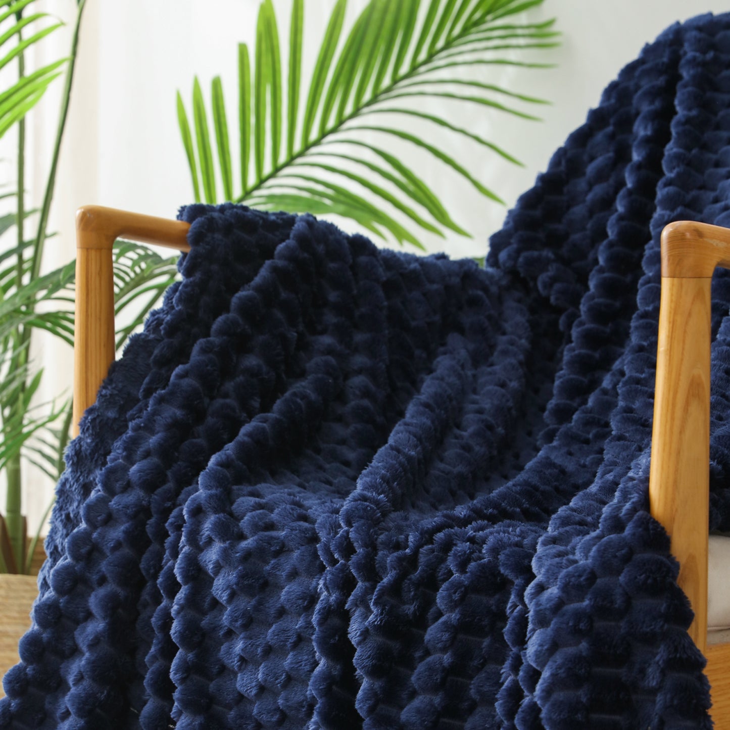 Exclusivo Mezcla Queen Size Flannel Fleece Blanket, 90x90 Inches Stylish Jacquard Velvet Plush Blanket for Bed, Cozy, Warm, Lightweight and Decorative Navy Blue Blanket