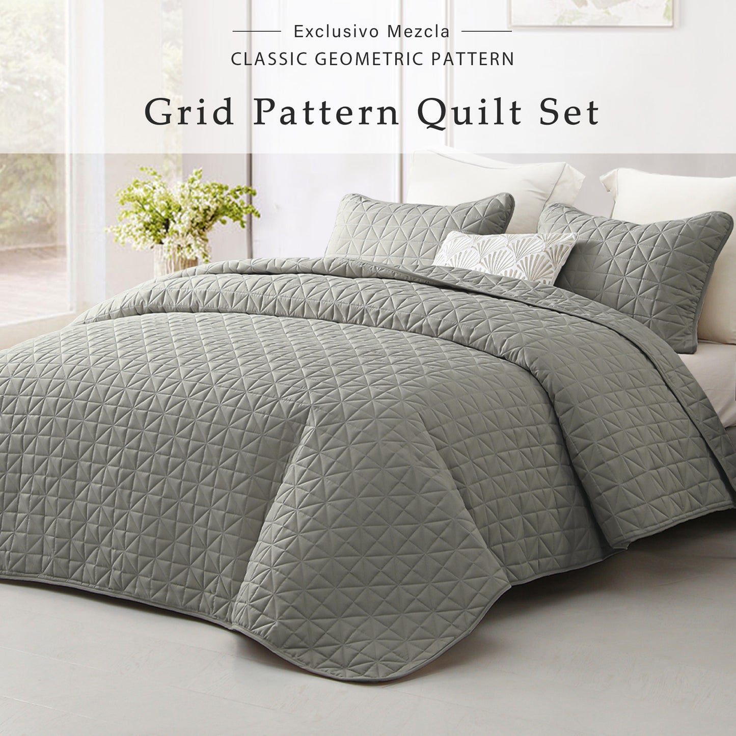 Exclusivo Mezcla Twin Quilt Bedding Set for All Seasons, Lightweight Soft Light Grey Quilts Twin Size Bedspreads Coverlets Bed Cover with Geometric Stitched Pattern, (1 Quilt, 1 Pillow Sham)