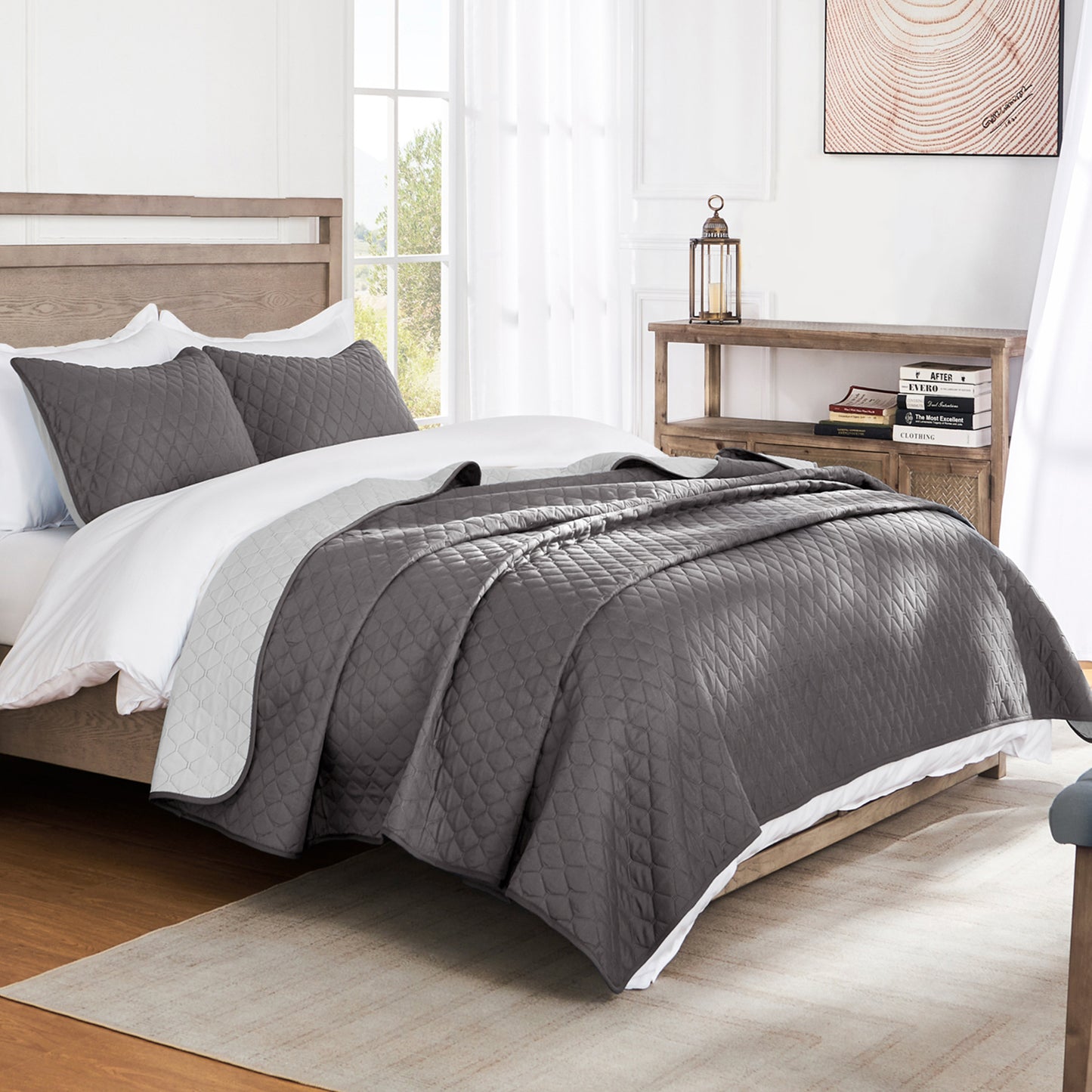 Exclusivo Mezcla Ultrasonic Reversible Twin Quilt Bedding Set with Pillow Sham, Lightweight Quilts Twin Size, Soft Bedspreads Bed Coverlets for All Seasons - (Grey, 68"x88")
