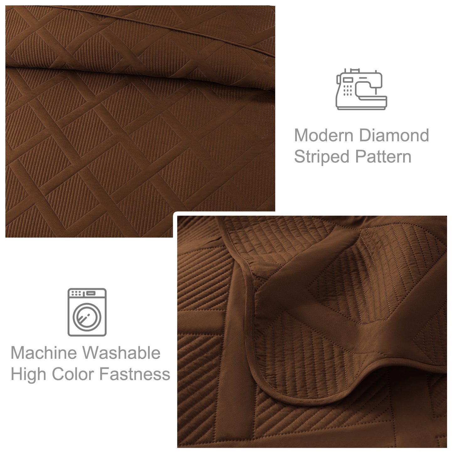 Exclusivo Mezcla Ultrasonic California King Quilt Set, Lightweight Bedspreads Modern Striped Coverlet with 2 Pillow Shams, Brown
