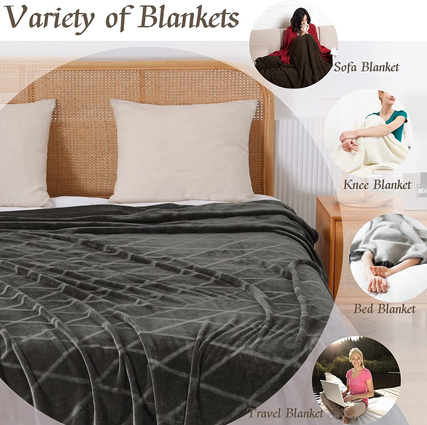 Exclusivo Mezcla Queen Size Flannel Fleece Blanket, 90x90 Inches Soft Diamond Geometry Pattern Velvet Plush Blanket for Bed, Cozy, Warm, Lightweight and Decorative Dark Grey Blanket