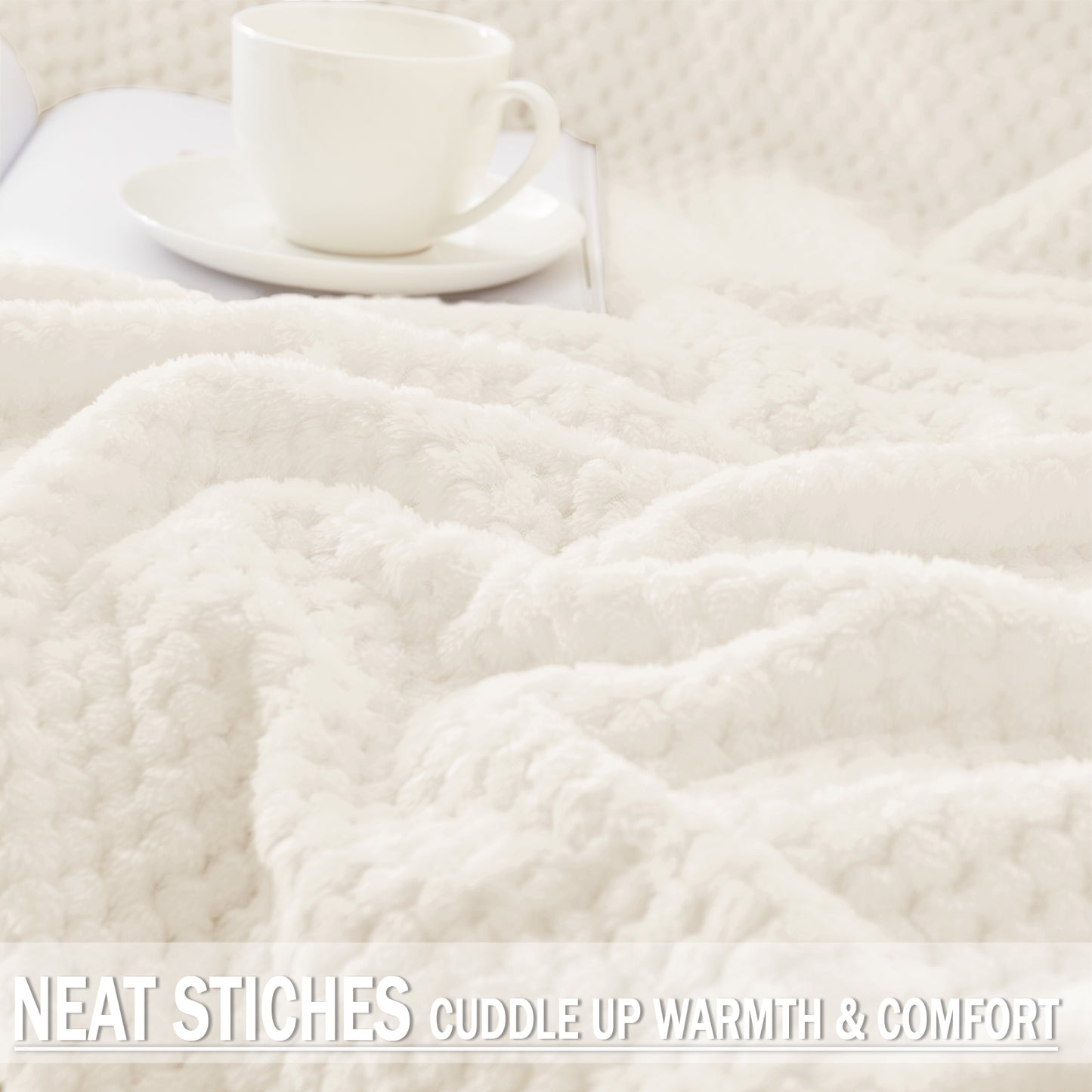 Exclusivo Mezcla Waffle Textured Soft Fleece Blanket, Queen Size Bed Blanket, Cozy Warm and Lightweight (Off White, 90x90 inches)