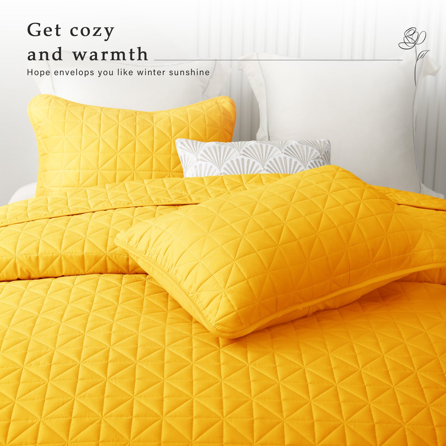Exclusivo Mezcla King Size Quilt Bedding Set for All Seasons, Lightweight Soft Yellow Quilts King Size Bedspreads Coverlets Bed Cover with Geometric Stitched Pattern, (1 Quilt, 2 Pillow Shams)